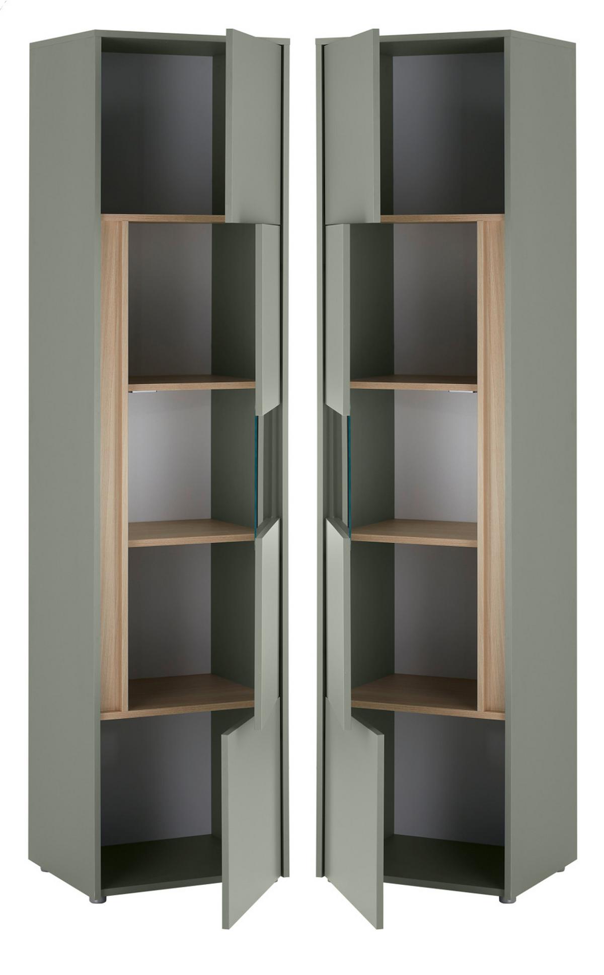 VITRINE Salbei grün, Barista Eiche 50 x 197 cm, Vitrinenschrank mit 5 Fächern - Salbeigrün/Eichefarben, Glas/Holzwerkstoff (50/197/40cm) - Furn.Design
