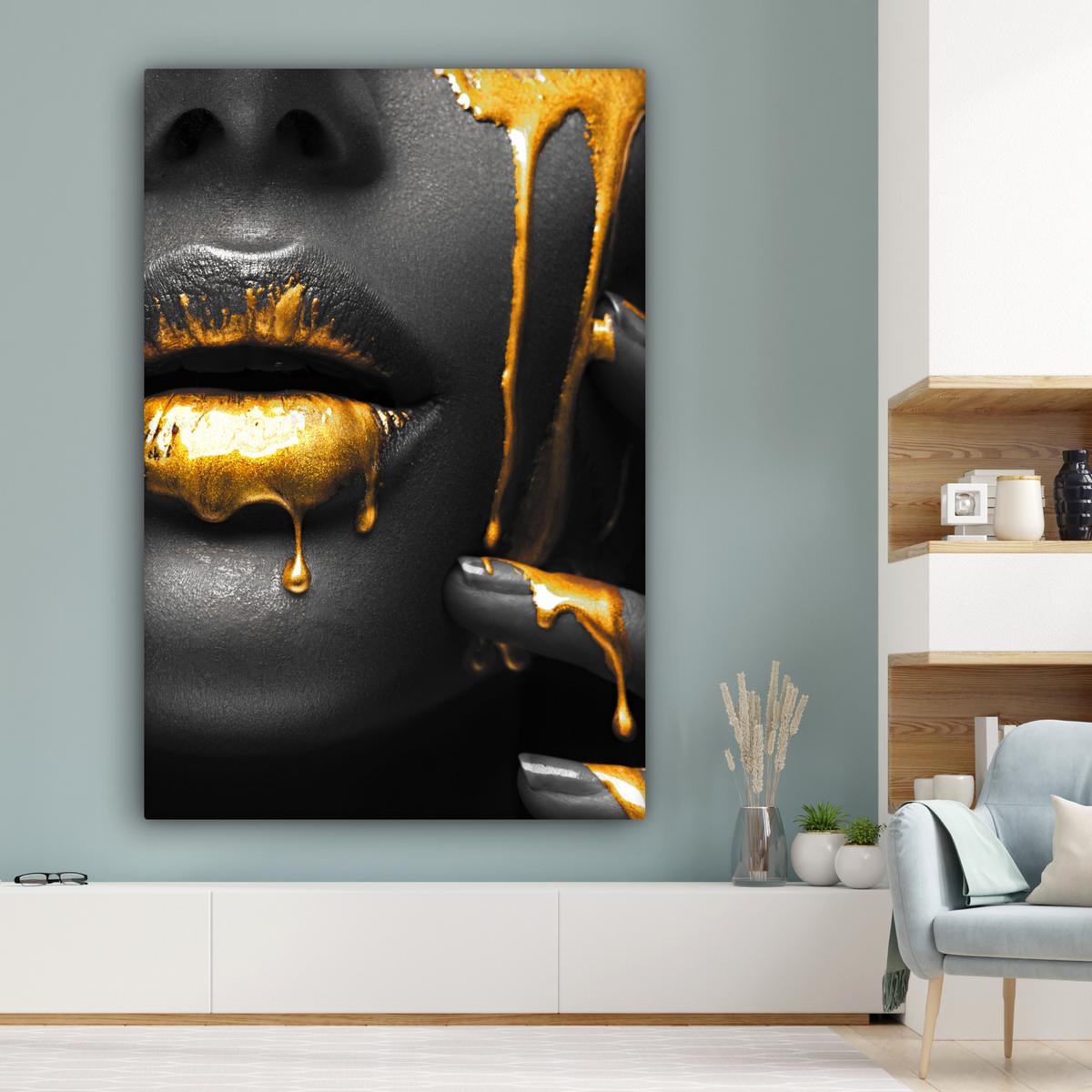 LEINWANDBILD Frau - Schwarz - Gold - Gesicht - Lippen Deko Groß 90x140 cm - Goldfarben, Textil (90/140cm) - MuchoWow