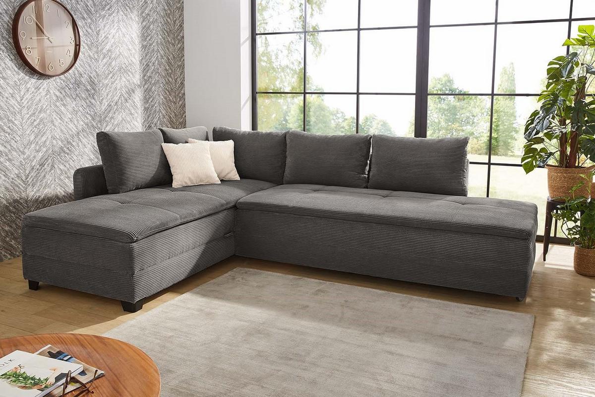 ECKSOFA-DAUERSCHLÄFER Doppelbett Boxspring Federkern Topper, seitenverkehrt montierbar B306/T223/H95 cm, Cord Dunkelgrau / 15163 - Dunkelgrau/Schwarz, Kunststoff/Textil (306/223cm) - luma-home