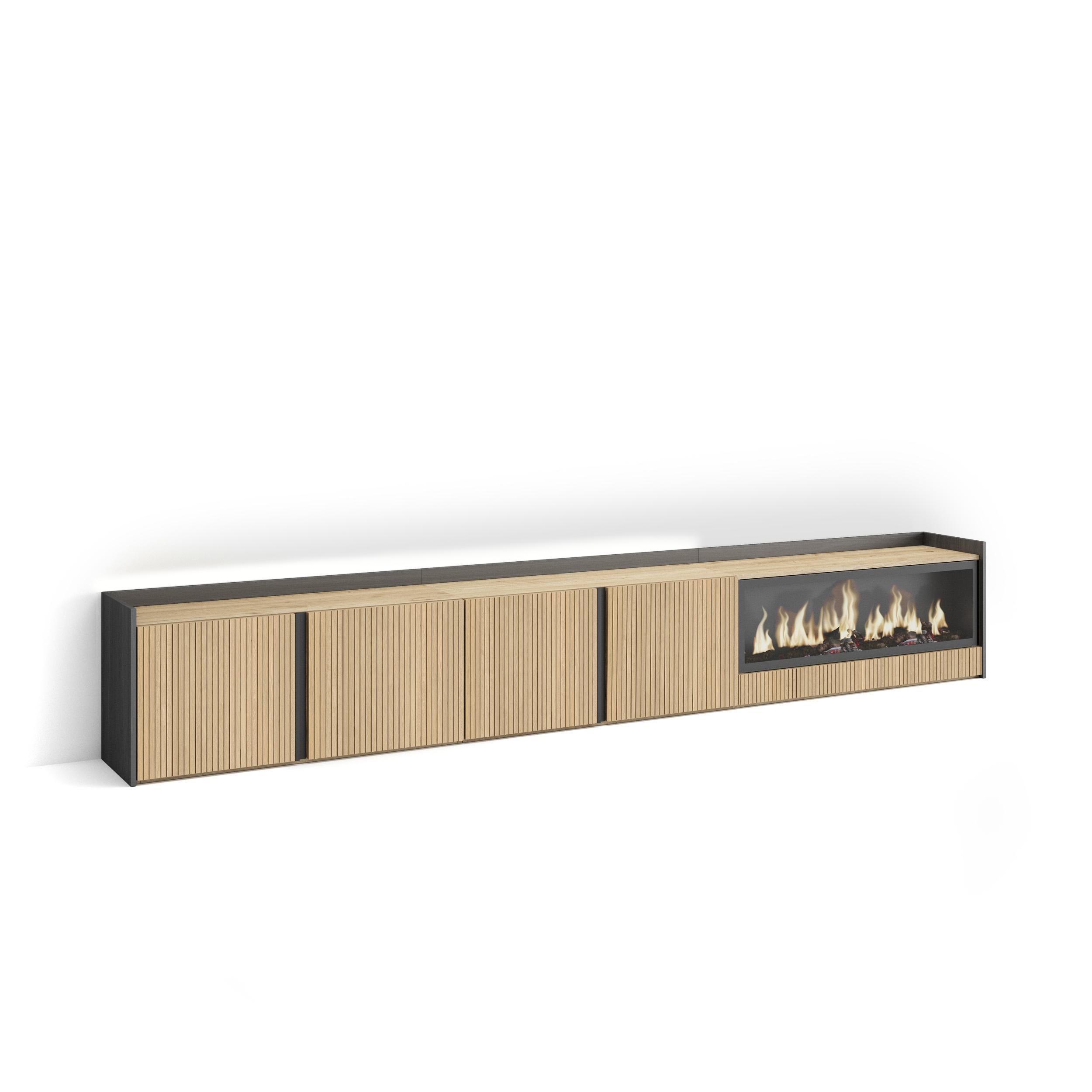 LOWBOARD, Eiche und Schwarz, 315/35/50cm, Elektrokamin XXL, Led - Eichefarben, Holzwerkstoff (315/50/35cm) - Skraut Home