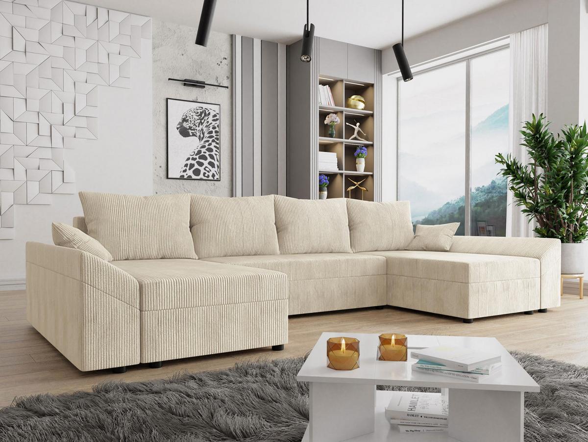 WOHNLANDSCHAFT Dante U Cord - Schwarz/Naturfarben, Holz/Kunststoff (310/82/140cm) - MIRJAN24