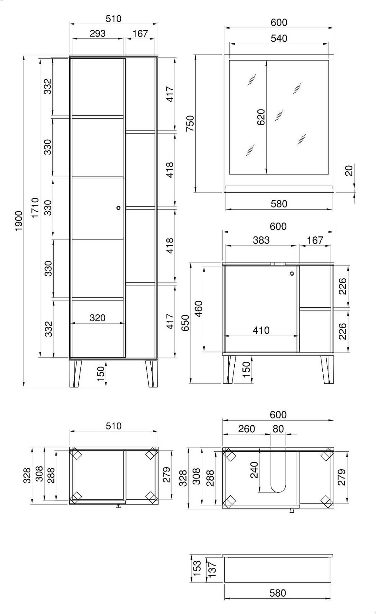 BADMÖBEL-SET 3-teilig grau, Evoke Eiche, Badkombination, 121 x 190 cm - Eichefarben/Grau, Glas/Holzwerkstoff (121/190/33cm) - Furn.Design