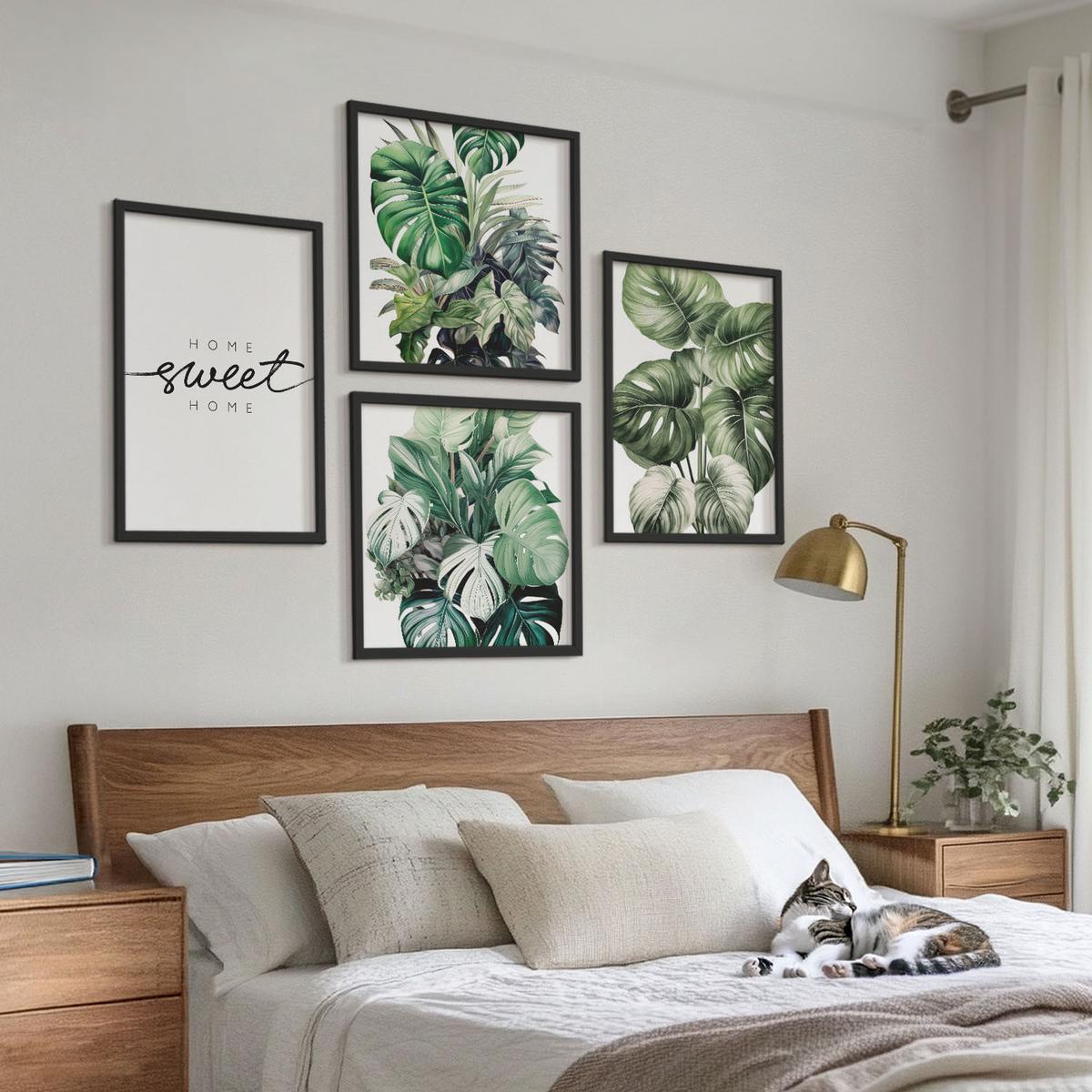 BILDER SET 4er Set - 50x50 cm & 40x60 cm Schwarzer Rahmen - Sweet Home Green Plants - Schwarz, Kunststoff (50/50cm) - TULUP