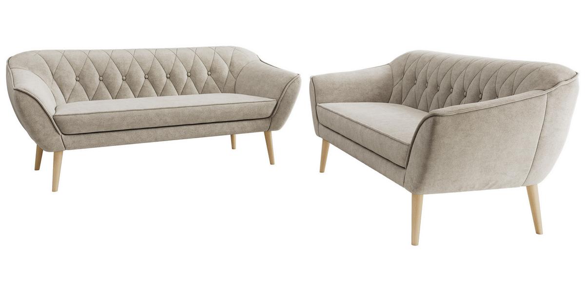 SITZGARNITUR PIRS 3+3 - Greige Strukture - Holzbeine - Greige/Buchefarben, Holzwerkstoff/Textil (180/75/74cm) - MKS