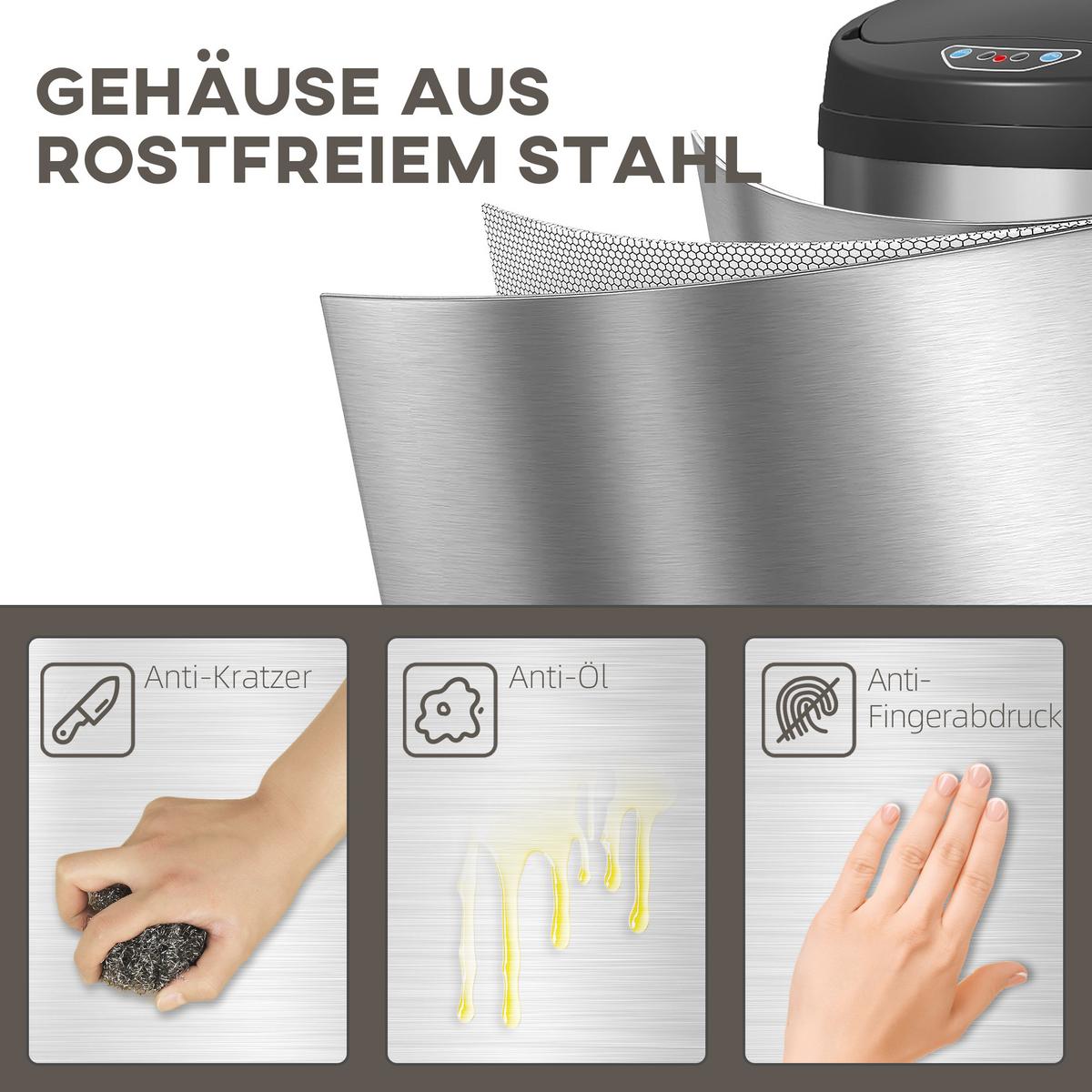 MÜLLEIMER mit Sensor 50L Edelstahl Automatischer Mülleimer mit Soft-Close-Deckel - Silberfarben, Metall (30.5/85/30.5cm) - HOMCOM