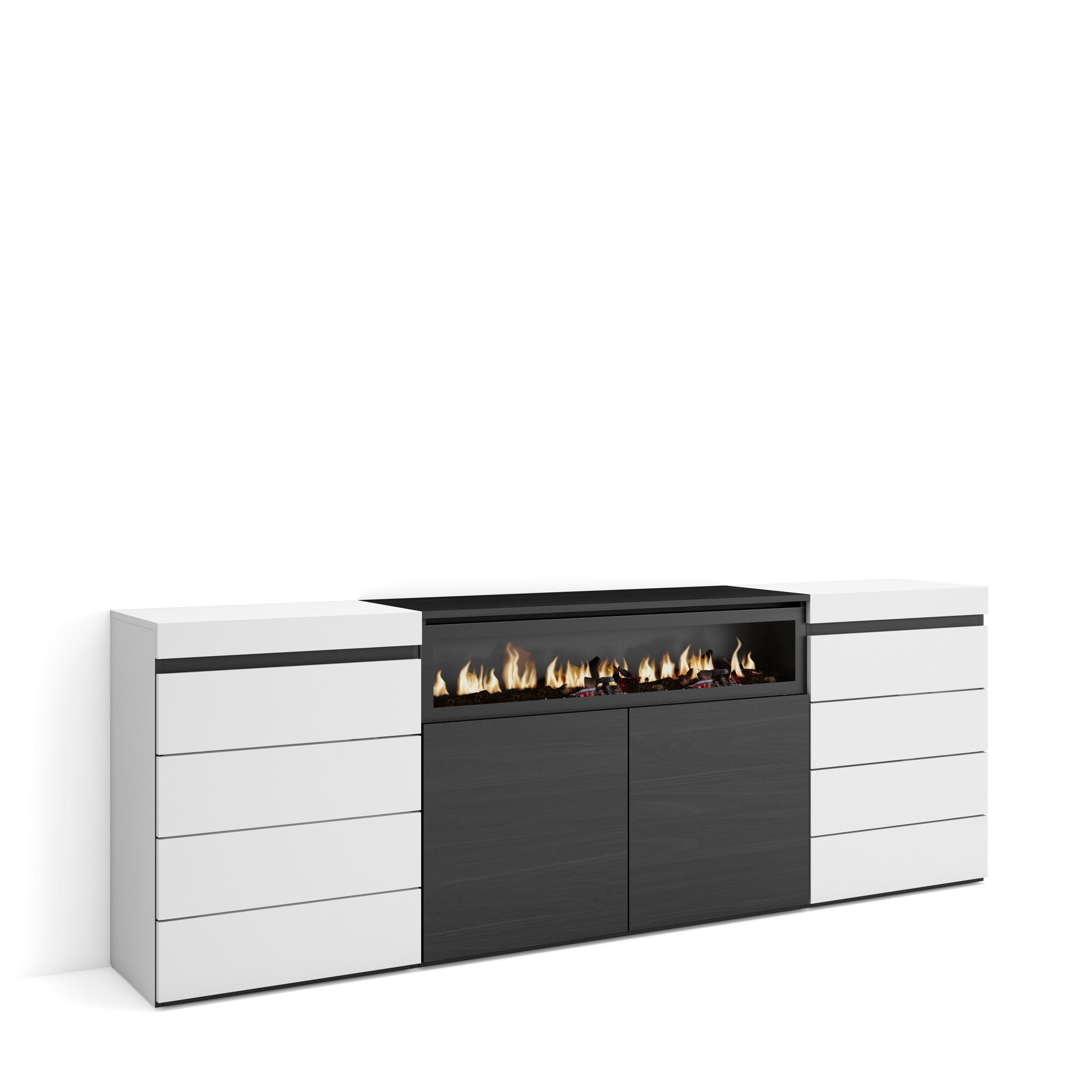 KOMMODE mit Schubladen, Elektrokamin, weiß und schwarz, 214/35/75cm - Schwarz/Weiß, Holzwerkstoff (214/75/35cm) - Skraut Home