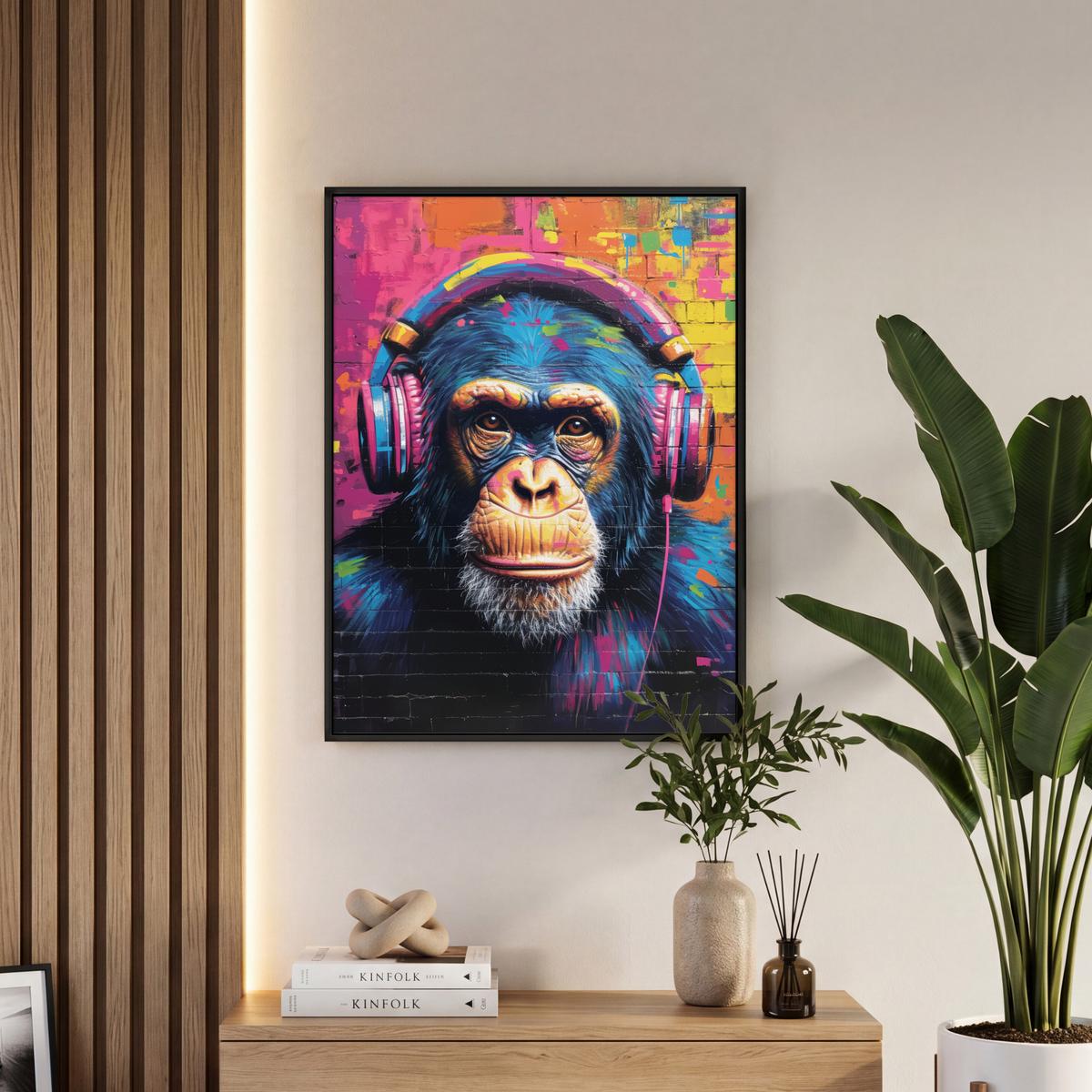 LEINWAND Bilder mit Rahmen - Graffiti - Schimpanse - Straßenkunst - Kopfhörer - Affe - 50x70 - Blau, Textil (50/70cm) - MuchoWow