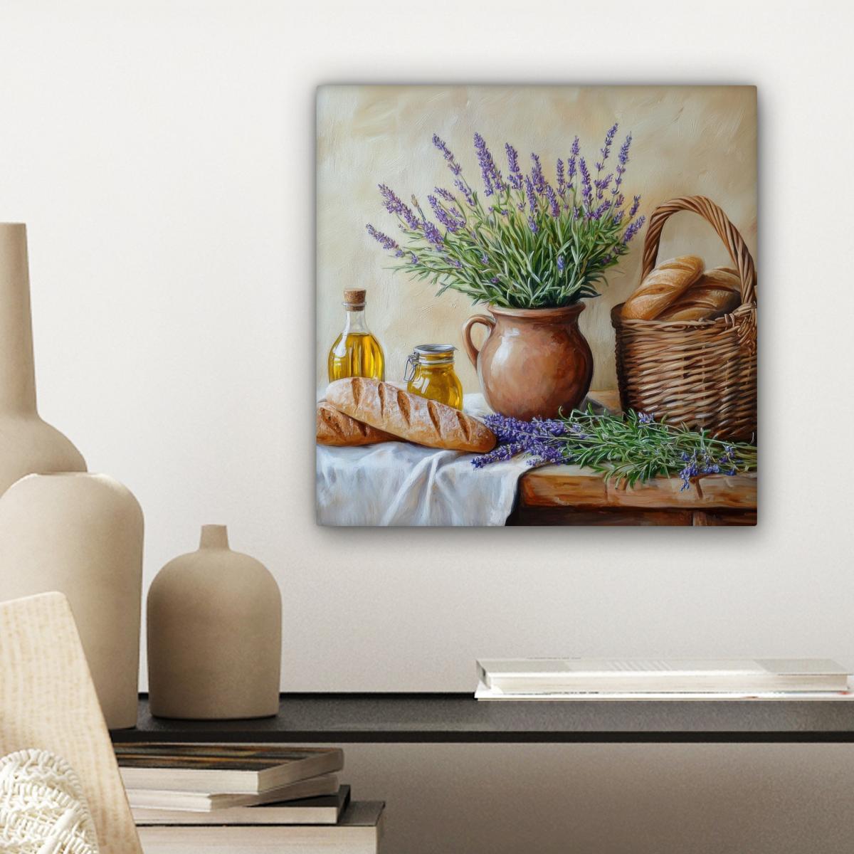 LEINWANDBILD Lavendel - Brot - Stilleben Deko Wohnzimmer 20x20 cm - Flieder, Textil (20/20cm) - MuchoWow