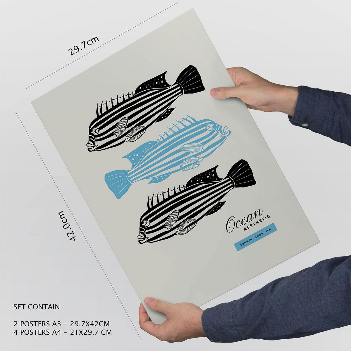 POSTER Set Mit 6 In Schwarzer Tinte Meerestiere Kunstdrucke Von Meer Und Ozean Für Innenarchitektur A3 & A4 Schwarzer Rahmen - Schwarz, Papier (29/3cm) - Nacnic