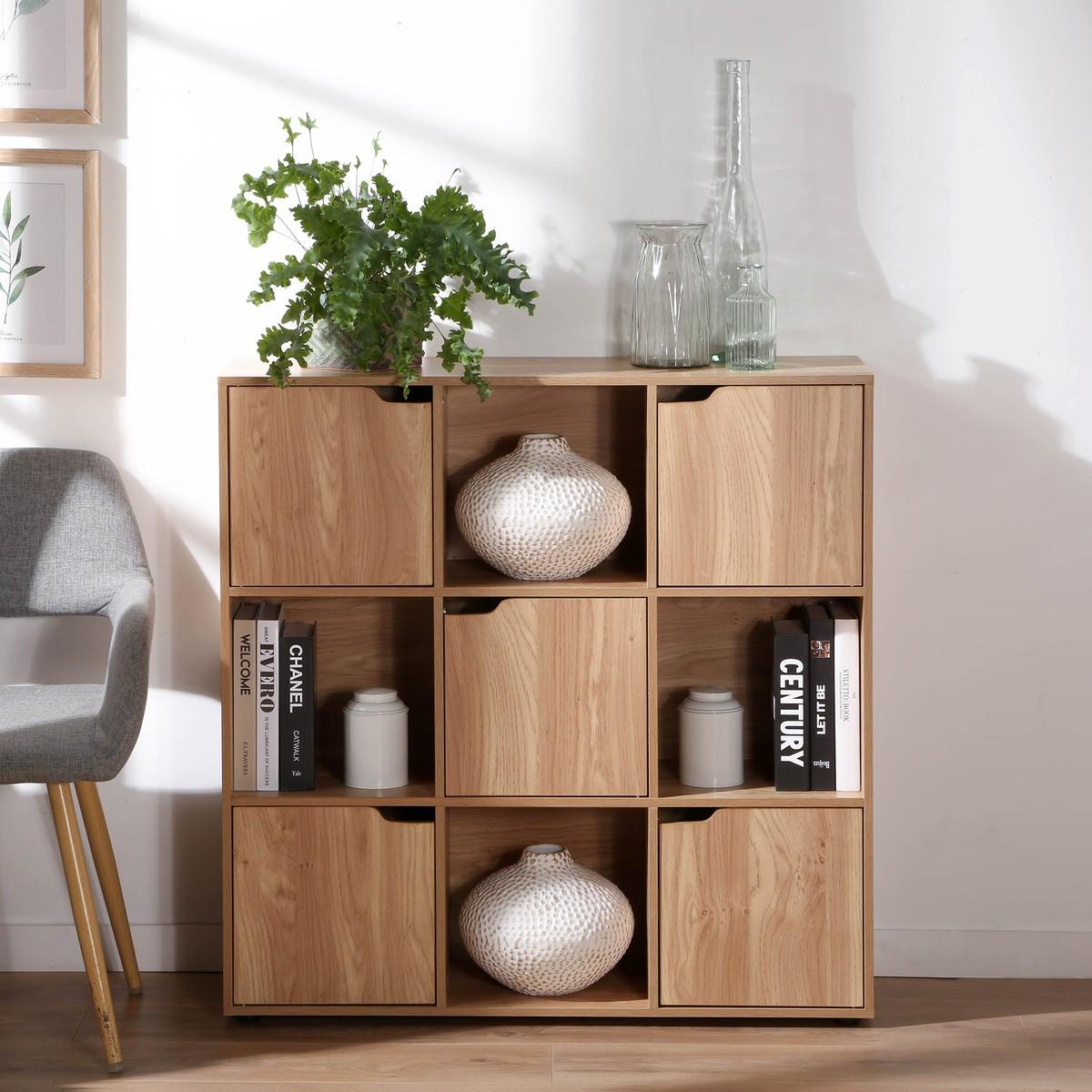WÜRFELREGAL 9 Fächer mit 5 Türen Holzdekor B89 cm - MODU - Eichefarben, Holzwerkstoff (29/90.5/88.8cm) - Calicosy