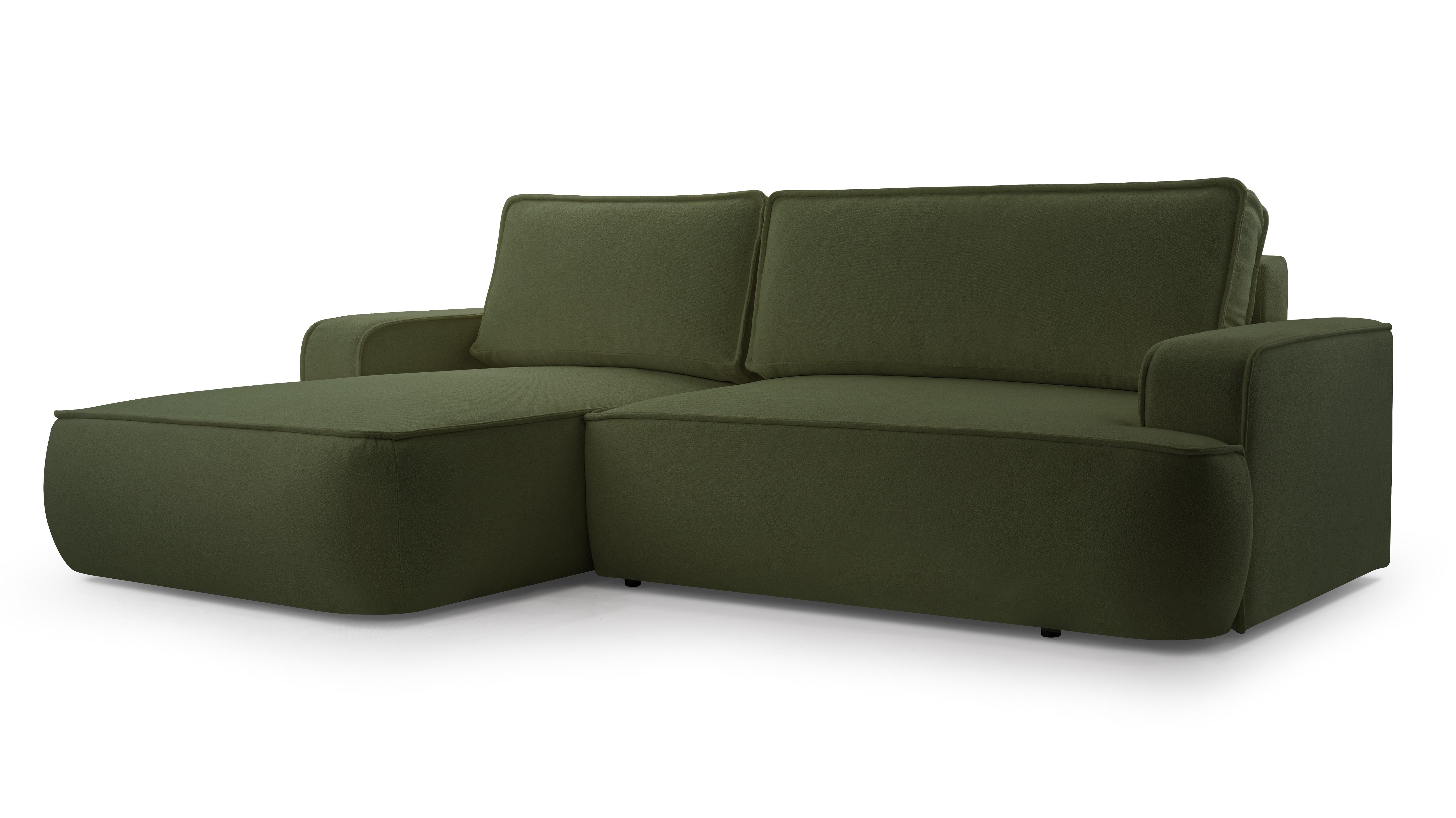 ECKSOFA SOLO Grün Boucle-Stoff mit Schlaffunktion - Grün, Holz (260/168cm) - MASSENO