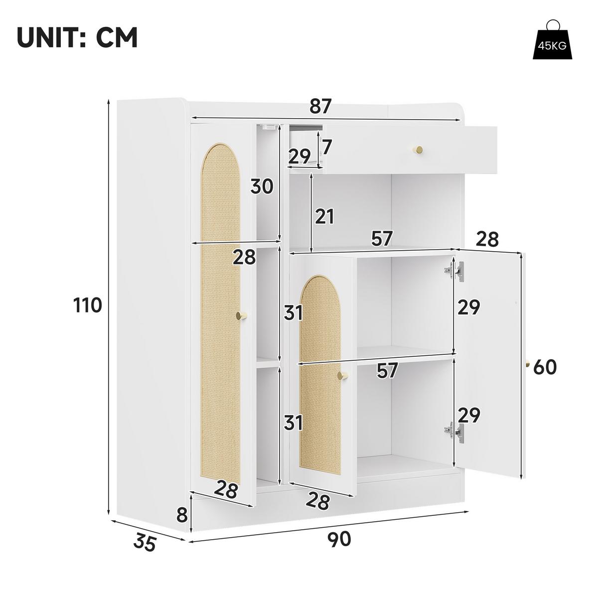 SCHUHESCHRANK Rattan Weiß & Natur Mit 3 Türen & 1 Schublade - Weiß, Holzwerkstoff (90/110/35cm) - Urban Meuble