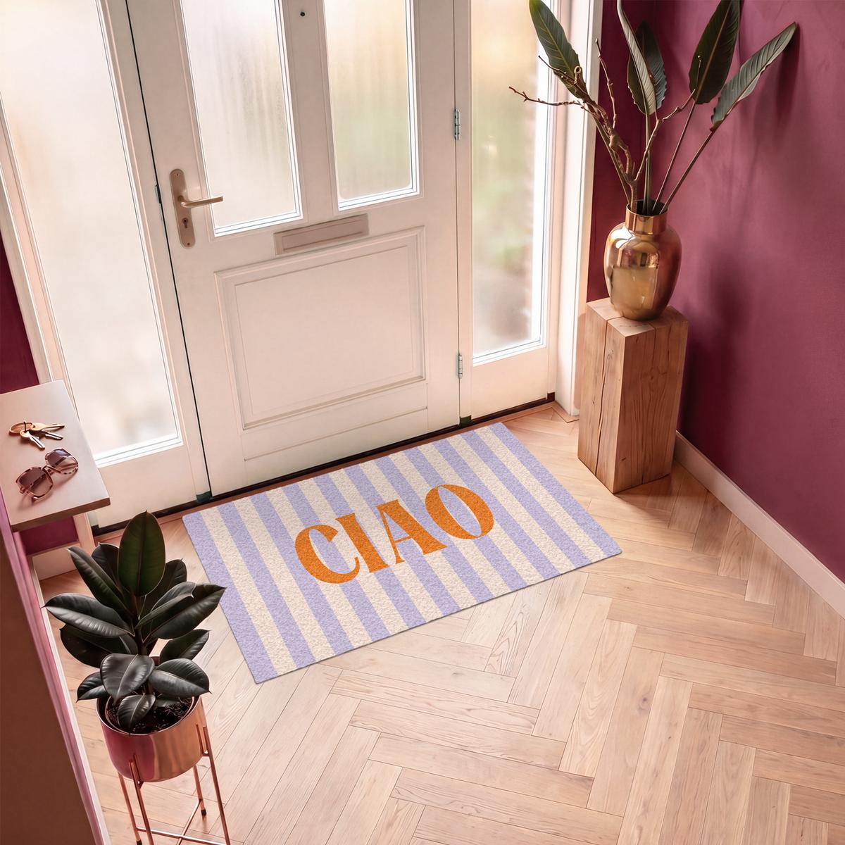 FUSSMATTE Ciao - Zitat - Pastell - Streifen Schmutzfangmatte 120x80 cm - Flieder, Kunststoff (120/0.4cm) - MuchoWow