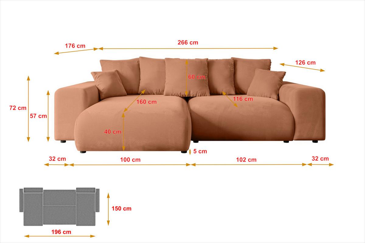 ECKSOFA Ottomane rechts ESKAR-L 266x176x72 Koralle Velours - Koralle/Schwarz, Holzwerkstoff/Kunststoff (176/266cm) - ALTDECOR