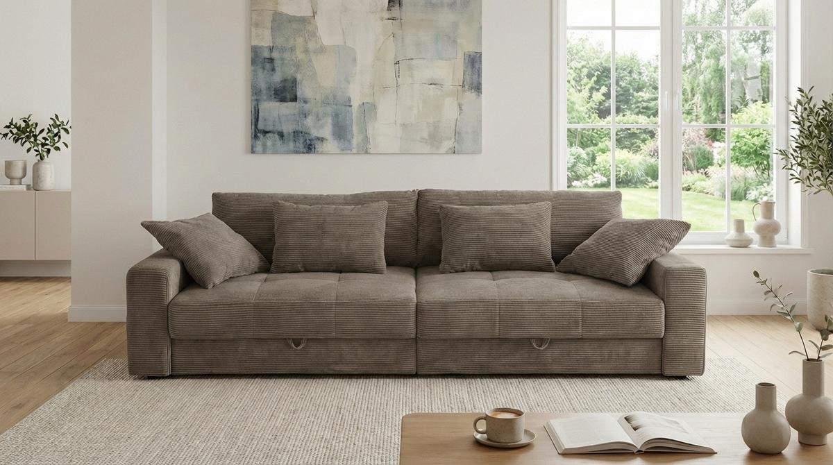 BIG-SOFA mit 2 Bettkästen, viel Stauraum, B274/T113/H84 cm, Liegefläche 103x241 cm, Cord Braun Taupe / 15264 - Schwarz/Braun, Kunststoff/Textil (284/84/113cm) - luma-home