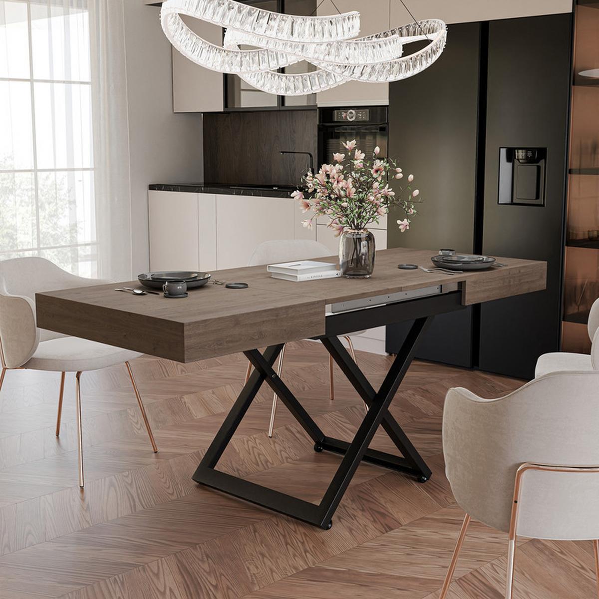 COUCHTISCH SANELLE ausziehbar mit Liftfunktion, 120/80/76 cm Schwarz / Davos-Eiche - Trüffeleichefarben/Schwarz, Holzwerkstoff/Metall (80/120/27cm) - Idohome