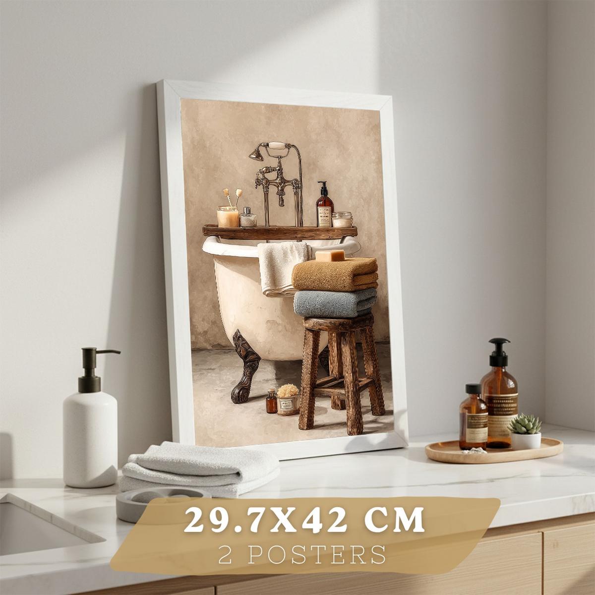 POSTER 2er-Set dekorative Badezimmerdrucke, rustikaler Stil, Vintage-Spa-Bilder mit Handtüchern und Badewanne,, Wohndekoration Weißer Rahmen A3 - Weiß, Papier (42/29.7/3cm) - Nacnic