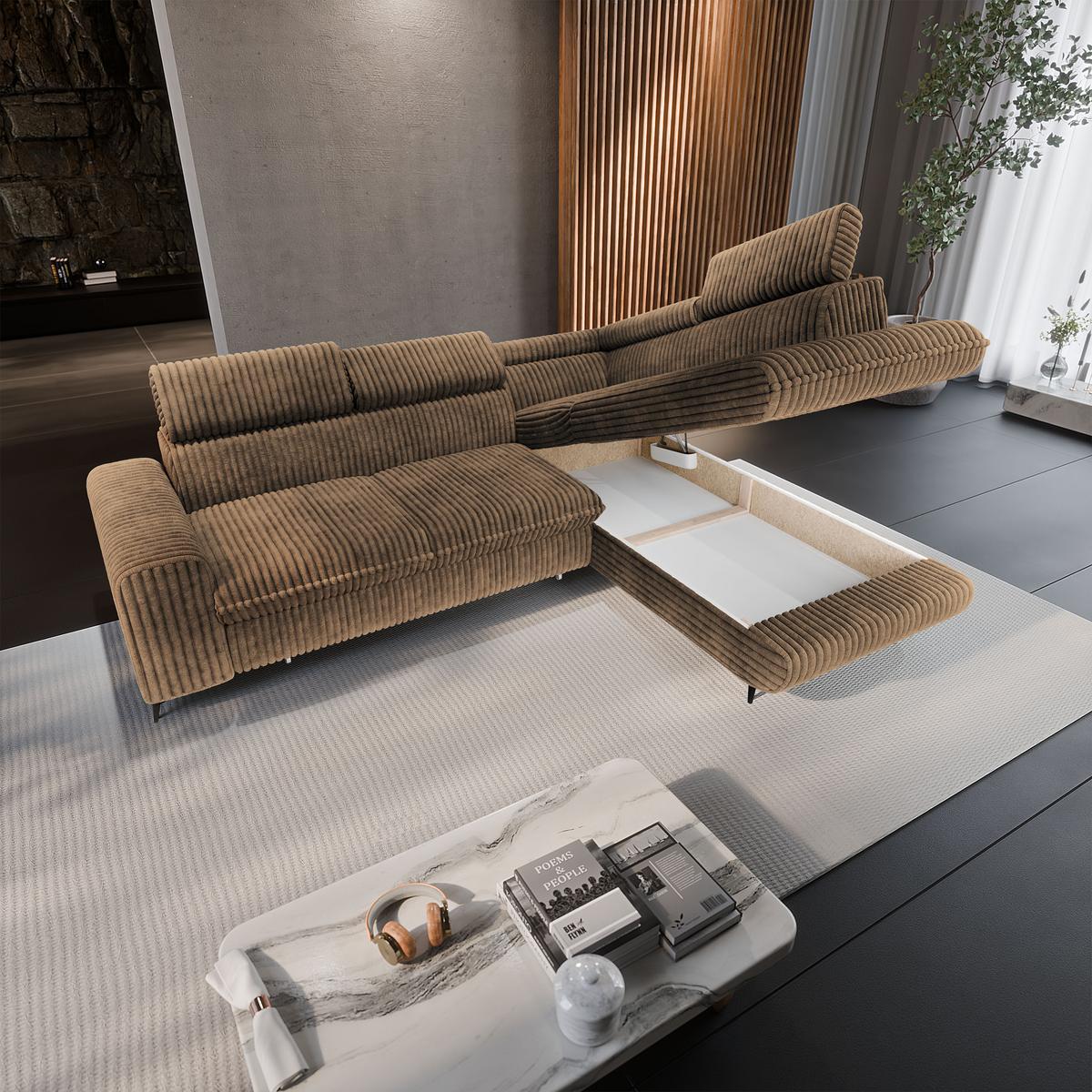 ECKSOFA VELISS Beige Kordstoff mit Schlaffunktion - Beige, Holz (255/193cm) - MASSENO