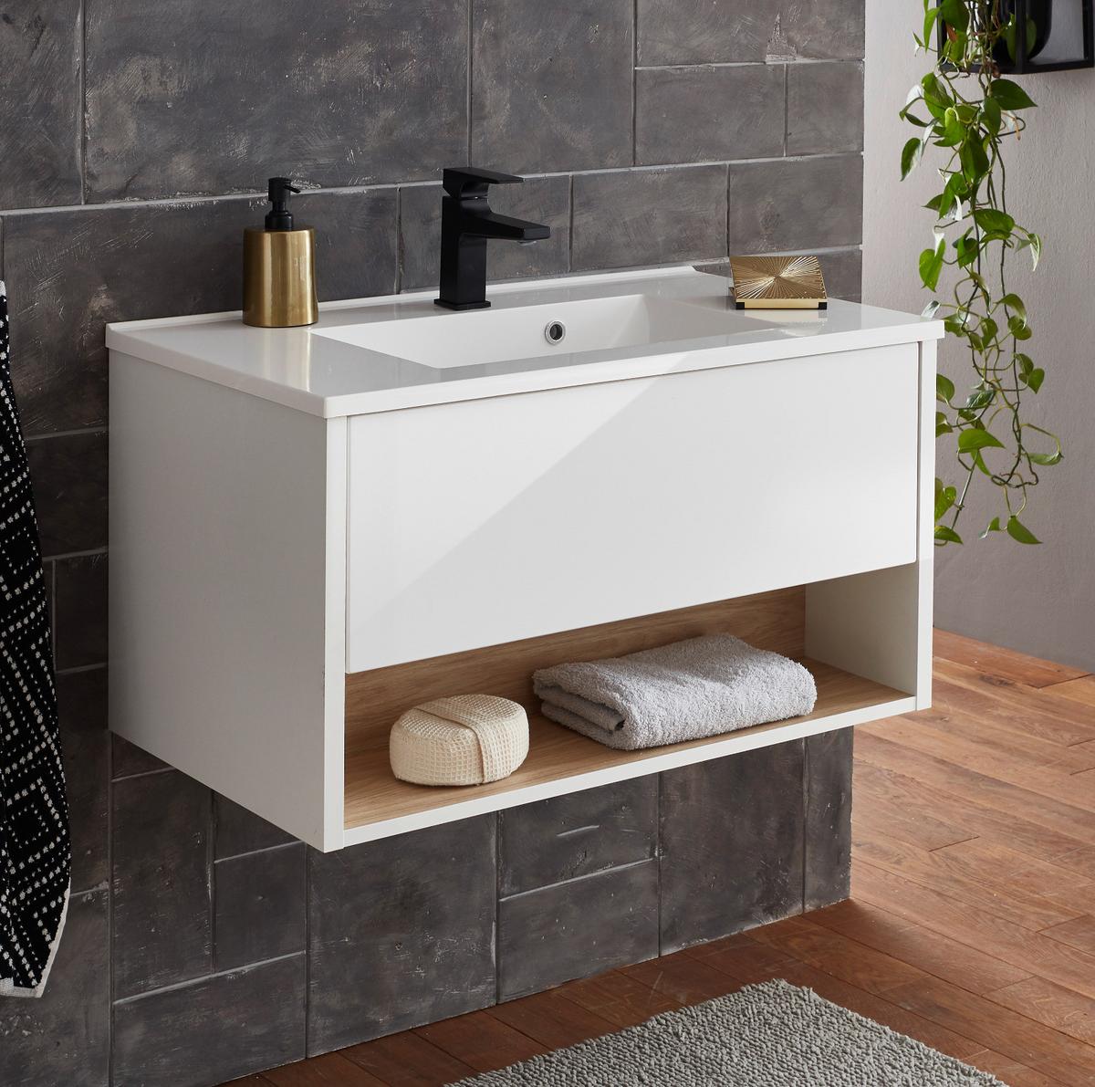 WASCHTISCH weiß Hochglanz, Eiche 80 cm, Waschbeckenunterschrank mit Waschbecken - Weiß Hochglanz, Holzwerkstoff (80/44/47cm) - Furn.Design
