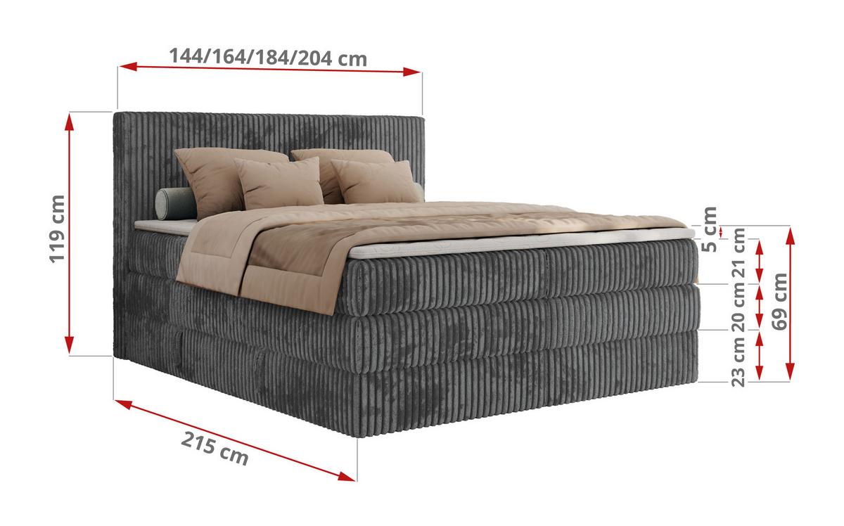 BOXSPRINGBETT TILIANO KING - 200/200 - Grau Cord - H4 - Grau, Holz/Textil (200/200cm) - MKS