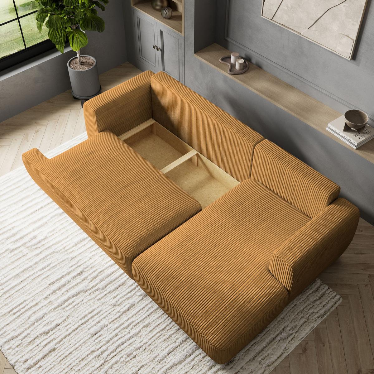 ECKSOFA SENTI P R-S Gelb Kordstoff mit Schlaffunktion - Gelb/Schwarz, Holz/Kunststoff (246/148cm) - MASSENO