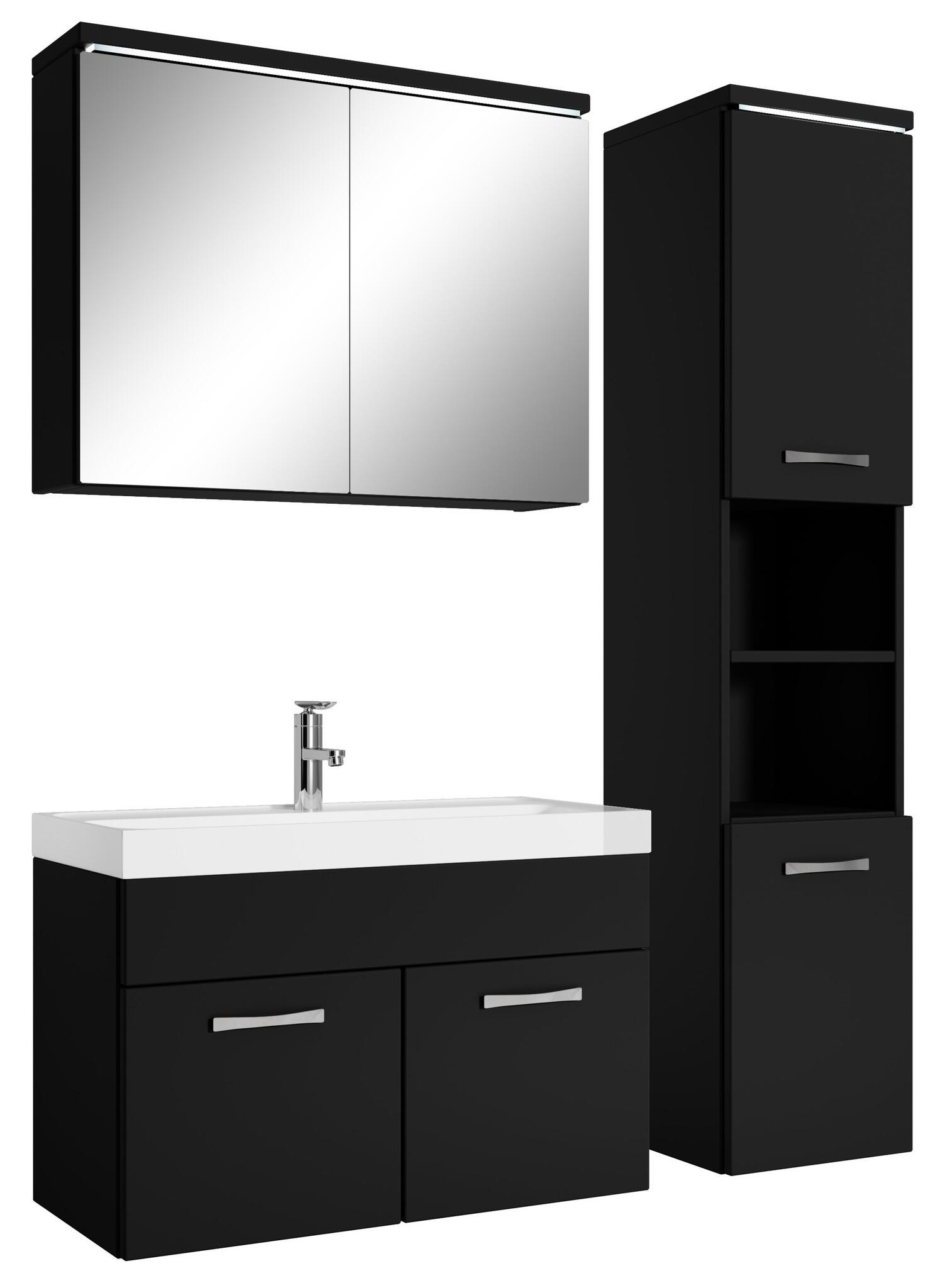 BADMÖBEL-SET Paso LED 4 Teile Schwarz Matt - 80 x 35 x 55 cm - Schwarz, Holz (80/55/40cm) - Badplaats