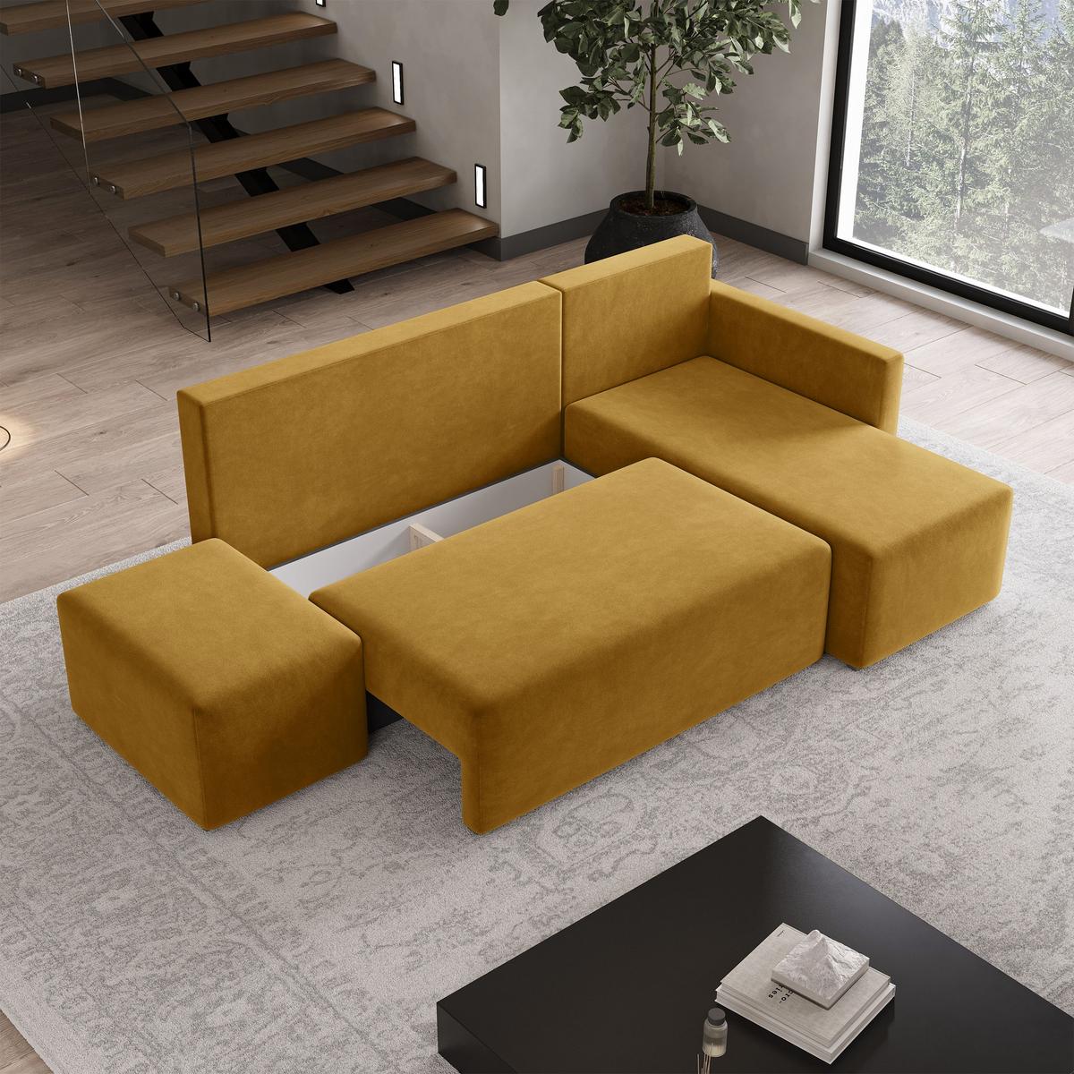 ECKSOFA VELOTTI R-S Gelb Plüsch-Stoff mit Schlaffunktion - Gelb, Holz (261/143cm) - MASSENO