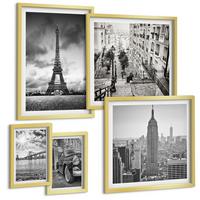 BILDER SET 5er Set - 50x50 cm & 20x30 cm & 40x60 cm Goldrahmen - Neonlinienwellen im Hintergrund - Goldfarben, Kunststoff (40/60cm) - TULUP