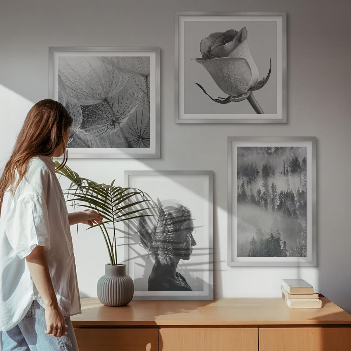 BILDER SET 4er Set - 50x50 cm & 40x60 cm Silberner Rahmen - Waldnebelporträt einer Frau - Silberfarben, Kunststoff (50/50cm) - TULUP