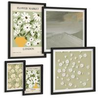BILDER SET 5er Set - 50x50 cm & 20x30 cm & 40x60 cm Schwarzer Rahmen - Florale Abstraktionen im Boho-Stil - Schwarz, Kunststoff (40/60cm) - TULUP