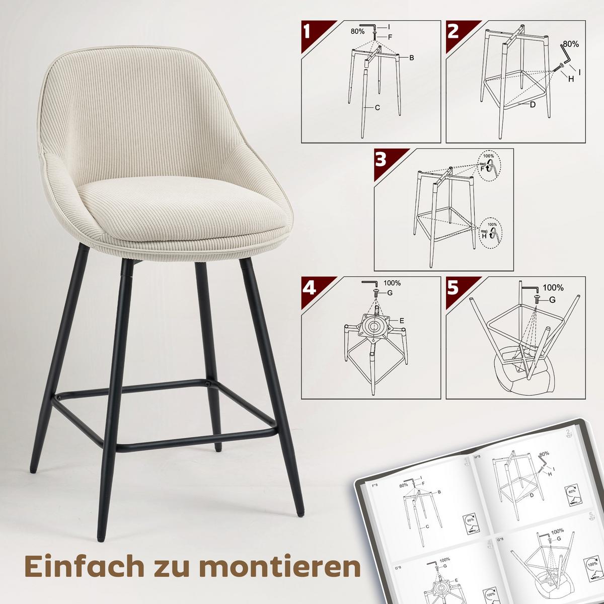 BARHOCKER 2ER-SET aus Polyester Cremeweiß - Creme, Textil (49/88/52cm) - HOMCOM