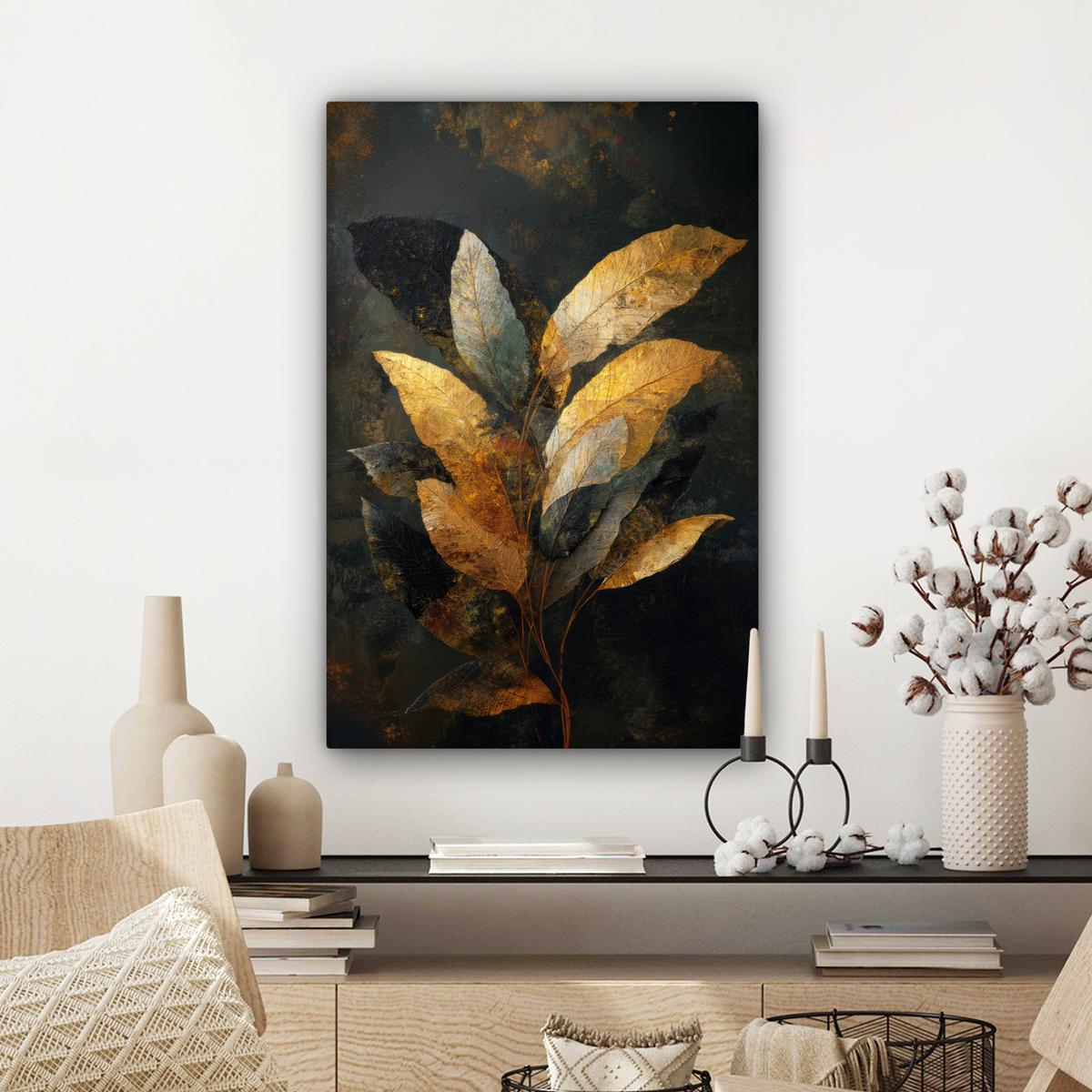 LEINWANDBILD Golden Leaf Komposition - Botanical Luxury Wanddeko 40x60 cm - Goldfarben/Schwarz, Textil (40/60cm) - MuchoWow