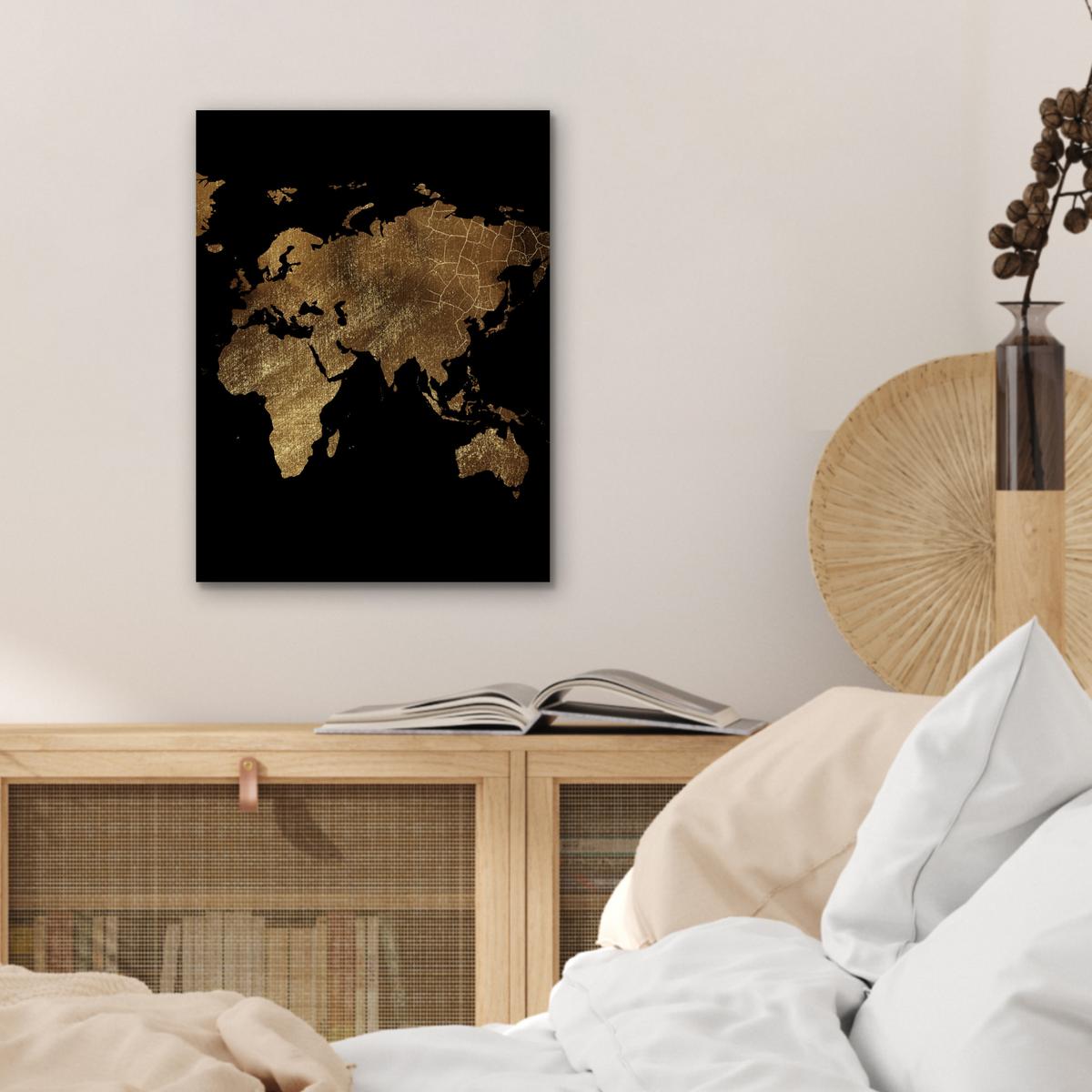 METALLBILD Weltkarte - Gold - Luxus - Erde - Schwarz 30x40 cm - Goldfarben, Metall (30/40cm) - MuchoWow