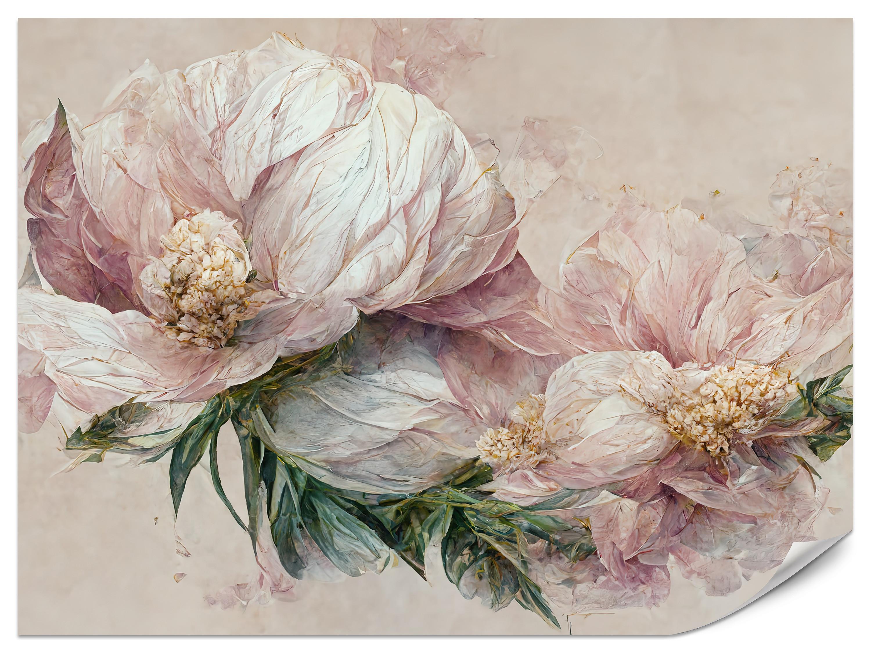 FOTOTAPETE für Wohnzimmer Vintage Rosa Blumen Blätter Natur 450x315 - Beige/Creme, Papier (450/315cm) - Muralo