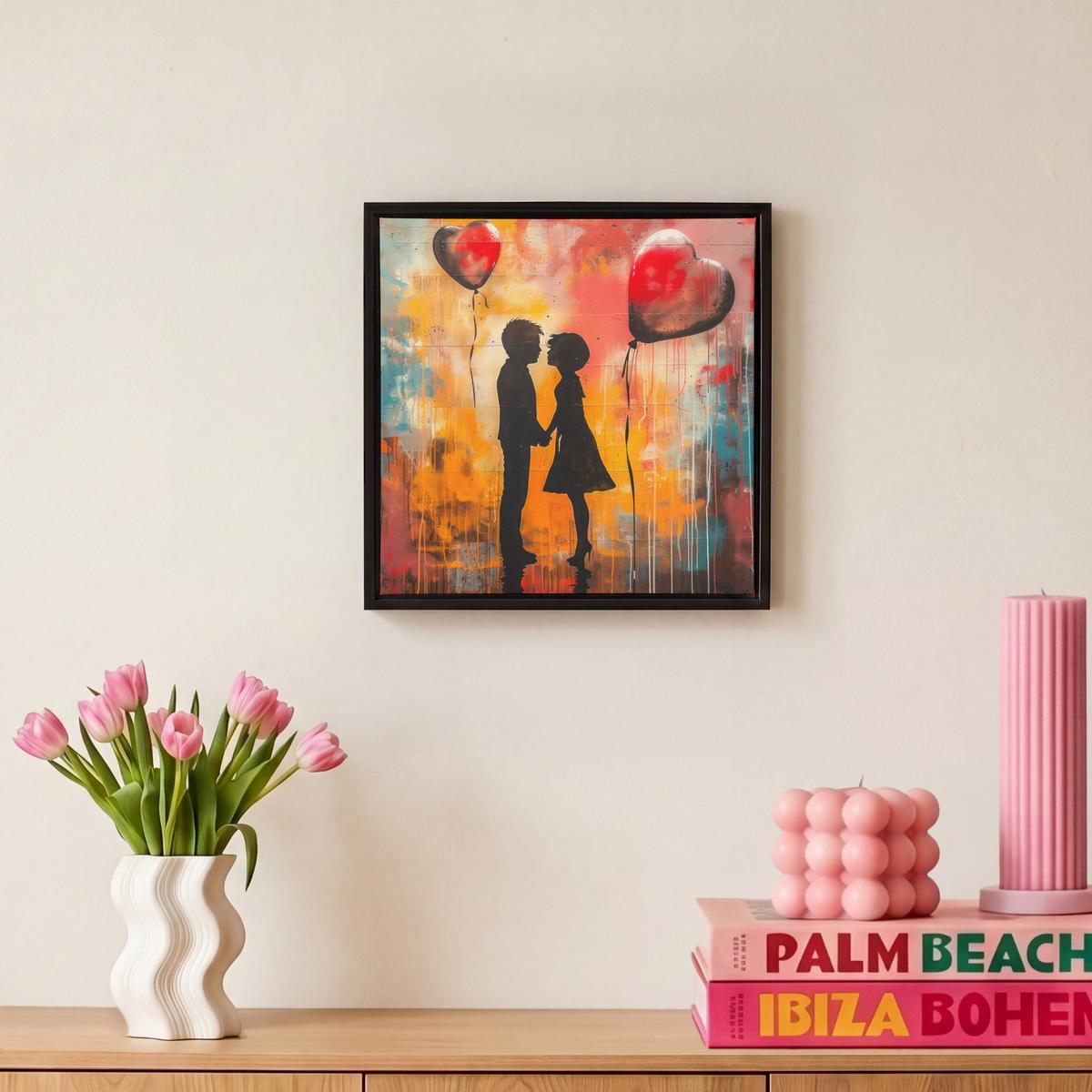 LEINWAND Bilder mit Rahmen - Straßenkunst - Liebe - Graffiti - Kunst - Banksy - 20x20 - Orange, Textil (20/20cm) - MuchoWow