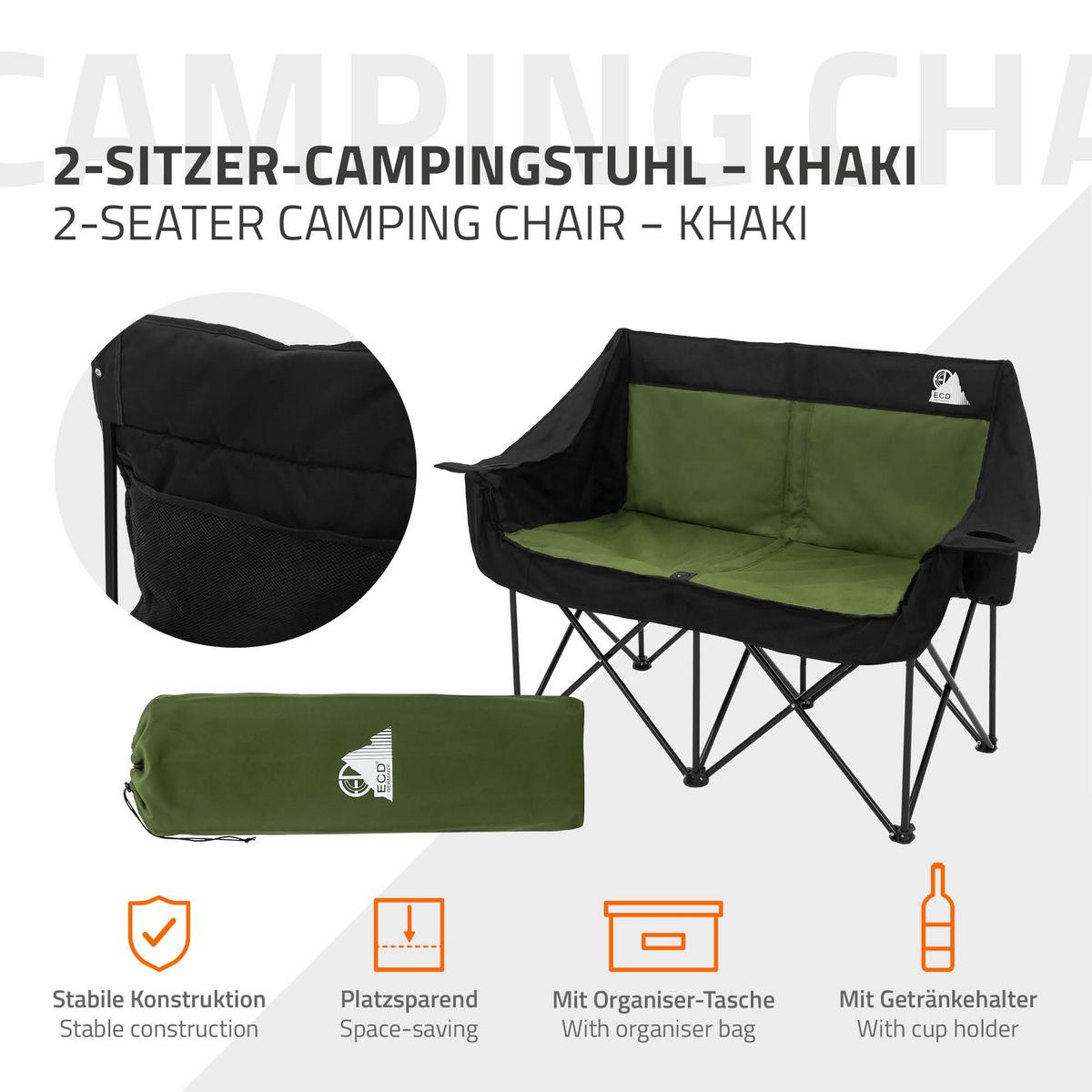 CAMPINGSTUHL 2-Sitzer Khaki faltbar mit Stahlgestell 54,5x145,92 cm - Grün, Textil (145/92/54.5cm) - ECD-Germany
