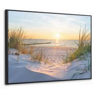 LEINWAND Bilder mit Rahmen - Strand - Sonne - Düne - Gras - Sand - Horizont - 80x60 - Hellblau, Textil (80/60cm) - MuchoWow