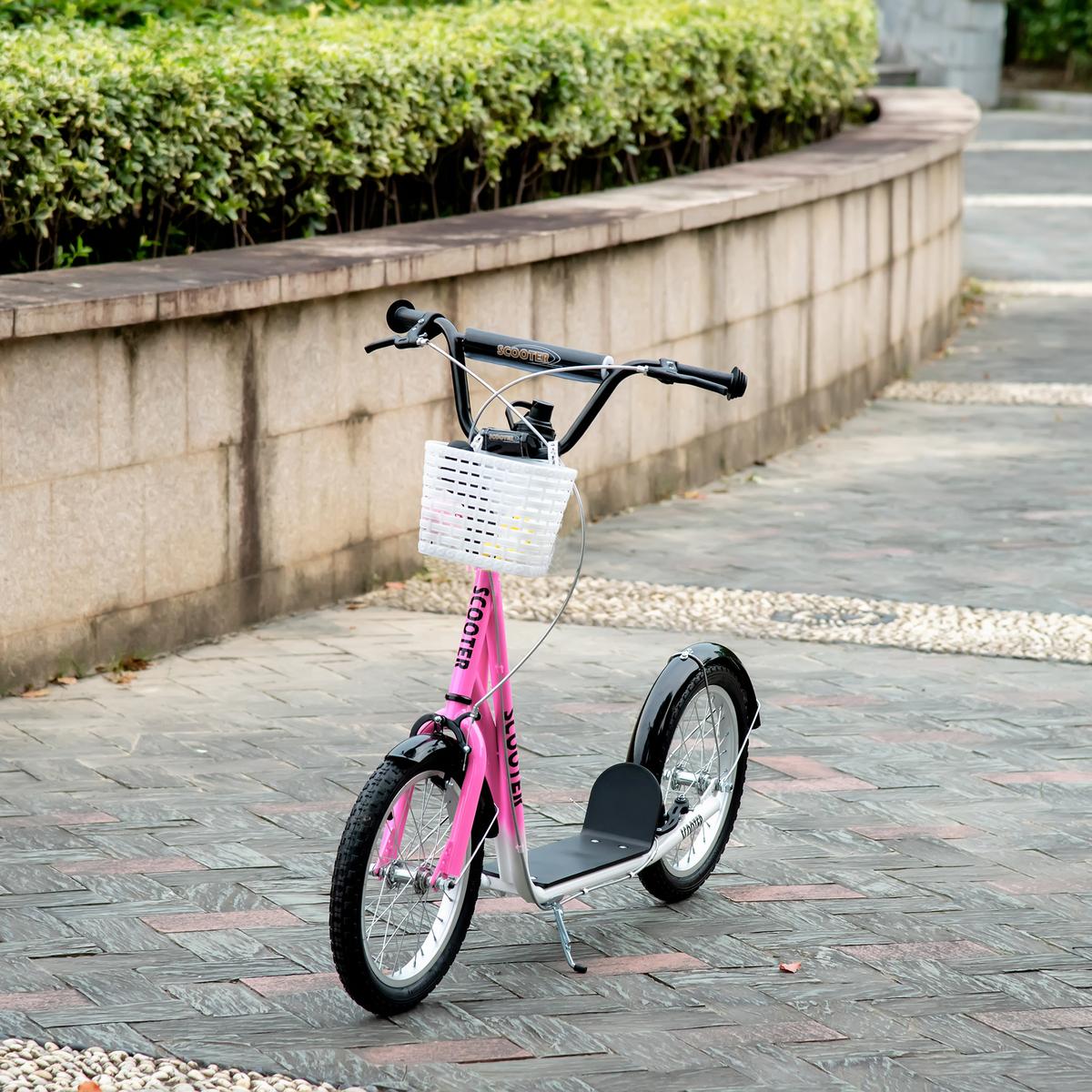 KINDERROLLER Scooter Tretroller mit Bremse Korb höhenverstellbar Gummi Rosa - Rosa, Metall (139/58/96cm) - HOMCOM