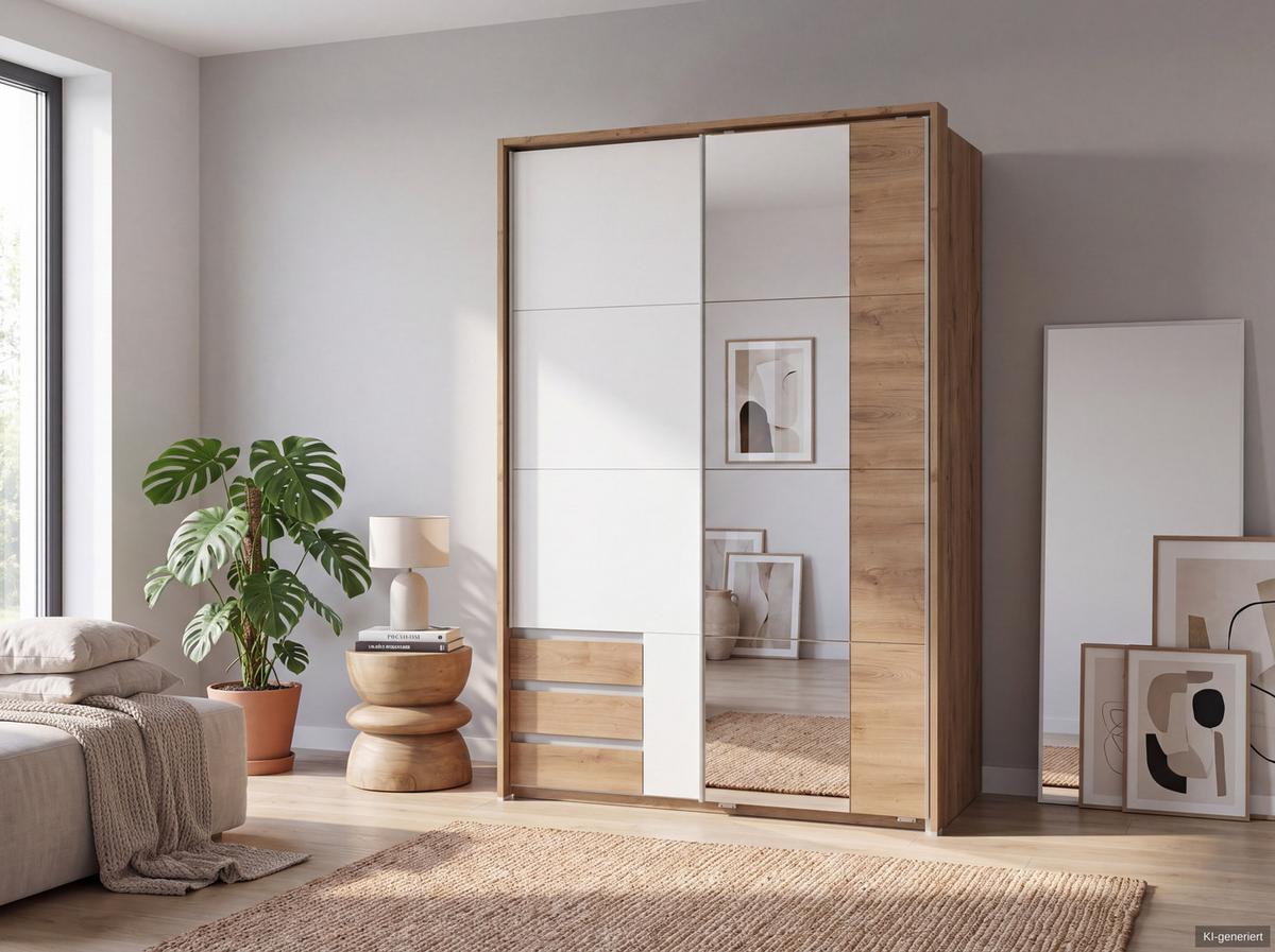 SCHWEBETÜRENSCHRANK 2-türig B138/H200/T65 cm, Passepartout-Kleiderschrank mit Spiegel & sichtbaren Schubkästen in Eiche Dekor, 1x Tür in Weiß / 22684 - Eichefarben/Alufarben, Holz/Holzwerkstoff (138/200/65cm) - luma-home