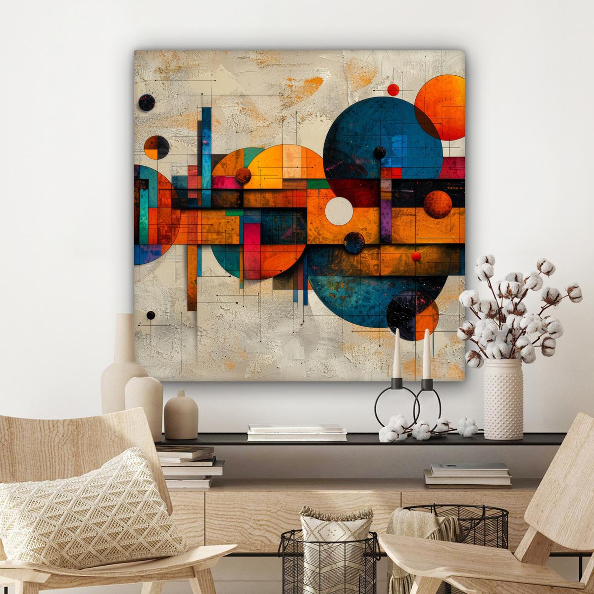 LEINWANDBILD Vintage - Moderne Kunst - Orange - Geometrische Formen Deko Groß 90x90 cm - Multicolor, Textil (90/90cm) - MuchoWow