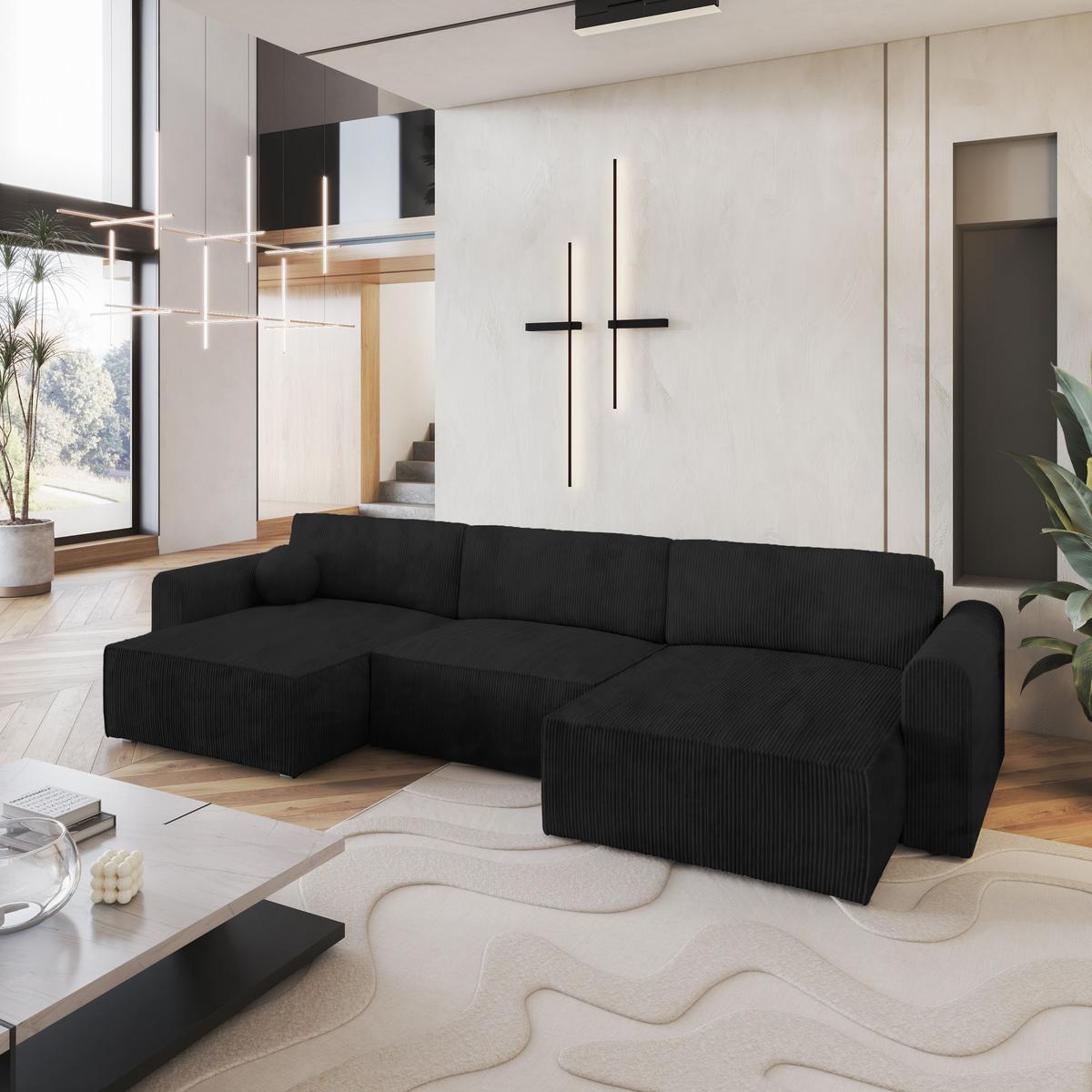 WOHNLANDSCHAFT FENTO P Schwarz Kordstoff mit Schlaffunktion - Schwarz/Grau, Holz/Kunststoff (347/90/148cm) - MASSENO
