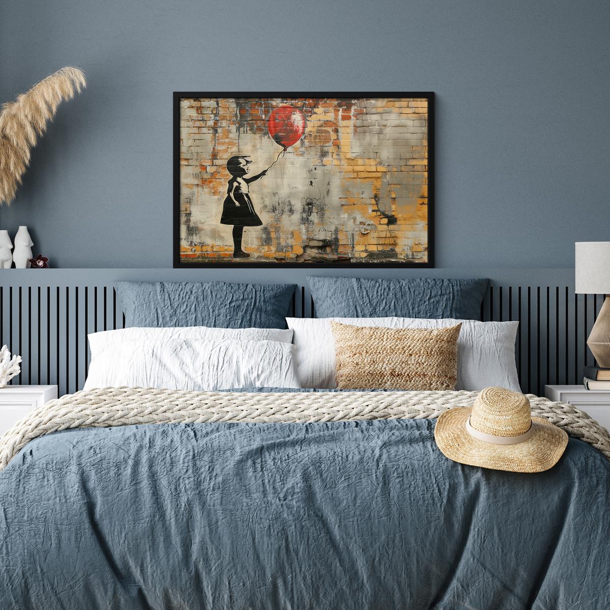 POSTER MIT RAHMENGERAHMTES BILD Graffiti - Banksy - Mädchen - Straßenkunst 90x60 cm - Sandfarben, Papier (90/60cm) - MuchoWow
