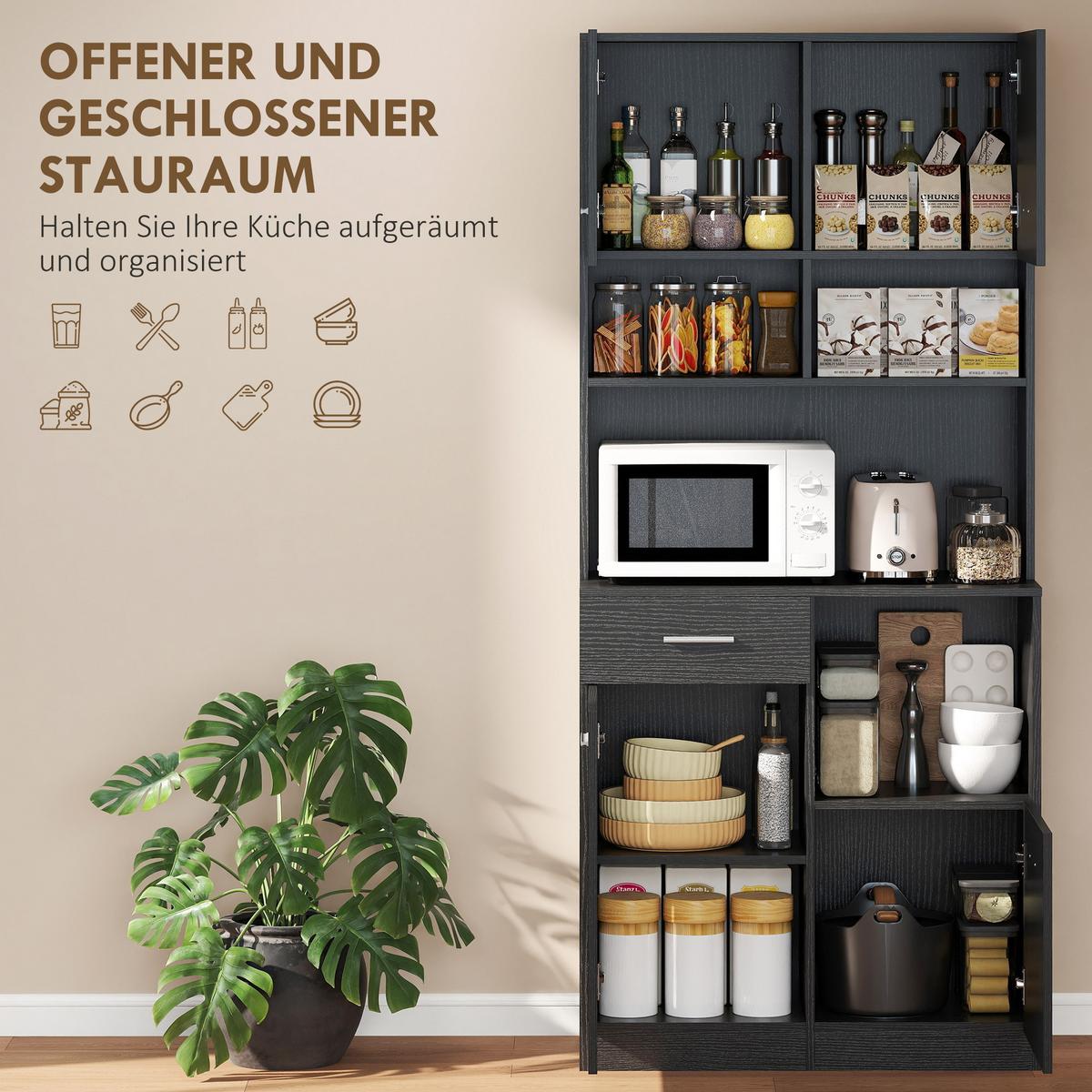 KÜCHENSCHRANK Hochschrank mit verstellbarem Regal Schublade Schwarz - Silberfarben/Schwarz, Holzwerkstoff/Metall (35/180/80cm) - HOMCOM