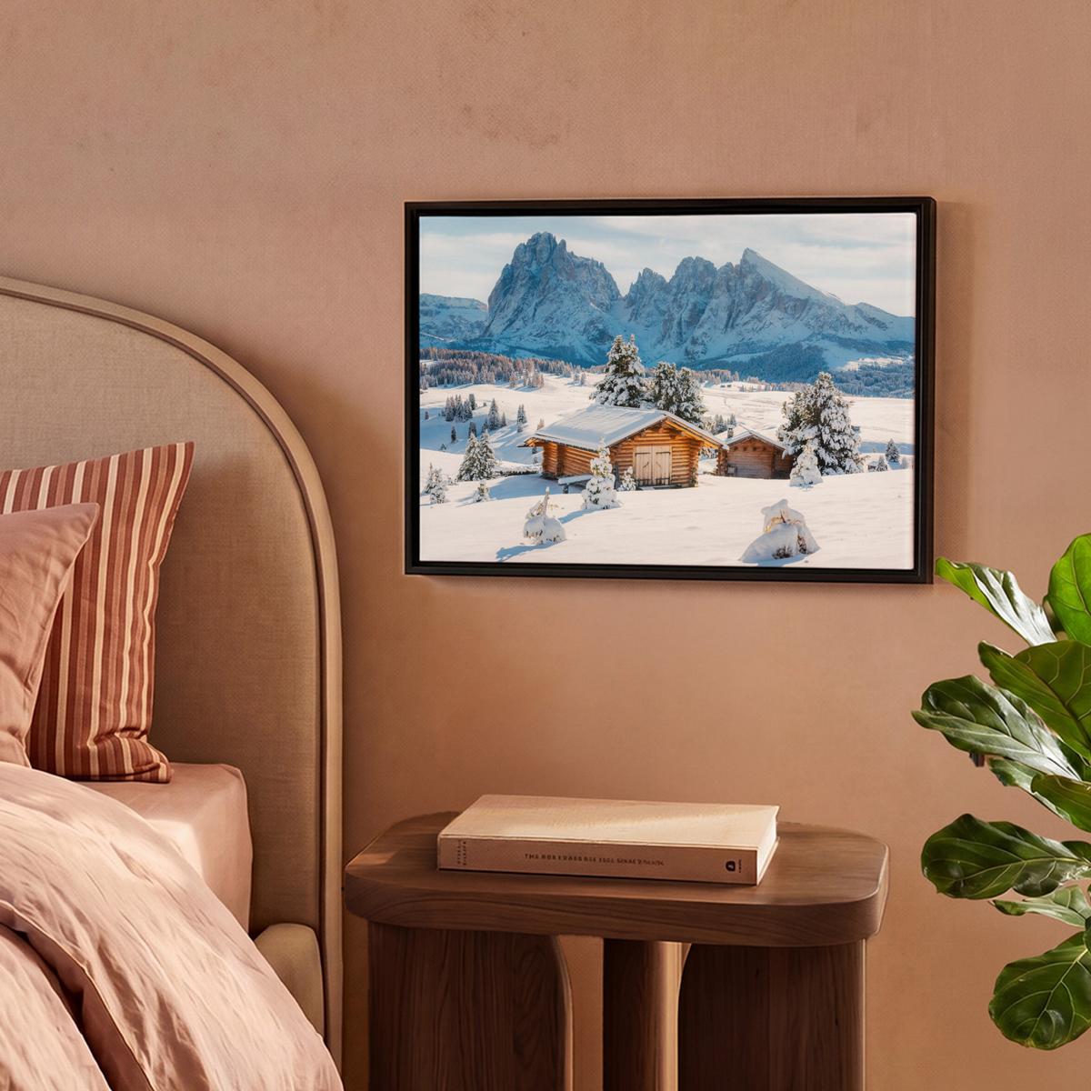 LEINWAND Bilder mit Rahmen - Winter - Hütte - Berge - Aussicht - Schnee - 40x30 - Eichefarben, Textil (40/30cm) - MuchoWow