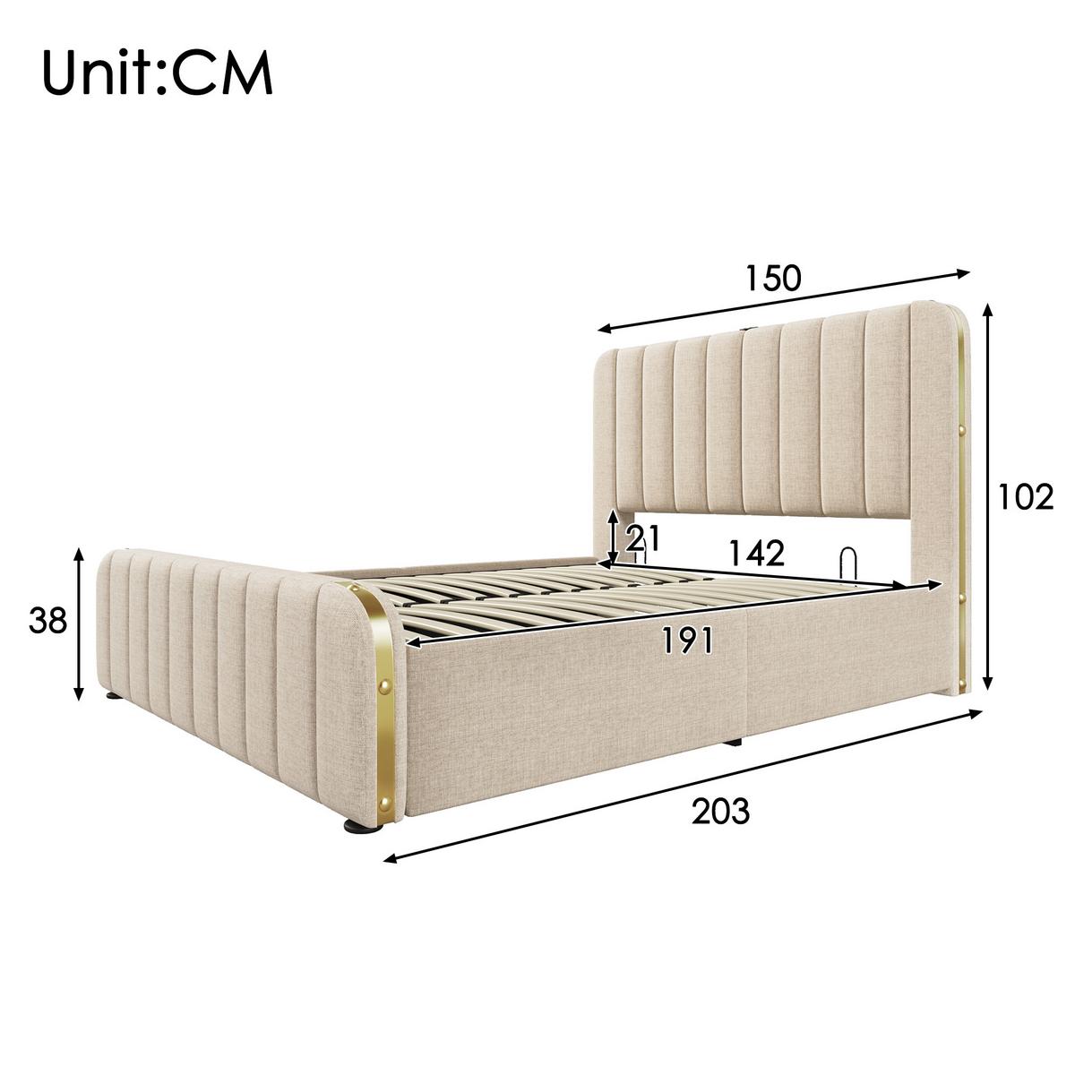 POLSTERBETT 140x190 Leinen Beige mit Gold-Dekor, Stauraum und Ladefunktion - Beige, Textil (140/190cm) - Urban Meuble