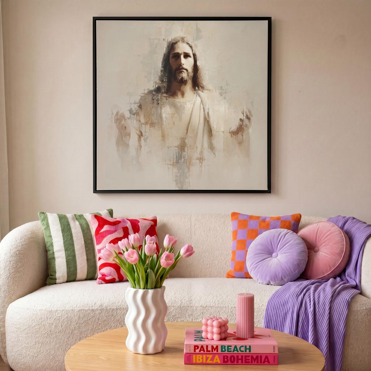 LEINWAND Bilder mit Rahmen - Porträt - Abstrakt - Jesus - Beige - 90x90 - Beige, Textil (90/90cm) - MuchoWow