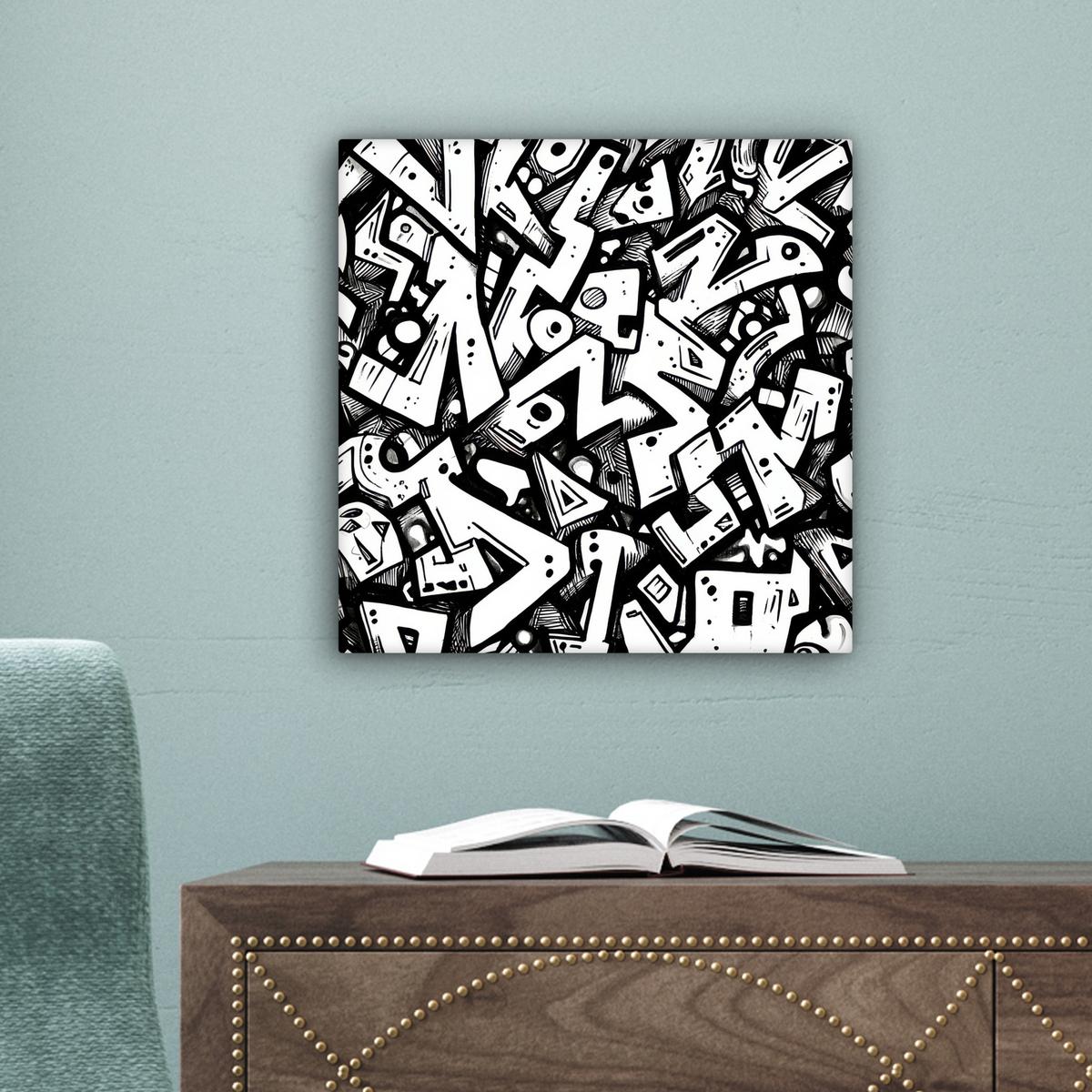 LEINWANDBILD Formen - Buchstaben - Graffiti - Schwarz Deko Wohnzimmer 20x20 cm - Schwarz, Textil (20/20cm) - MuchoWow