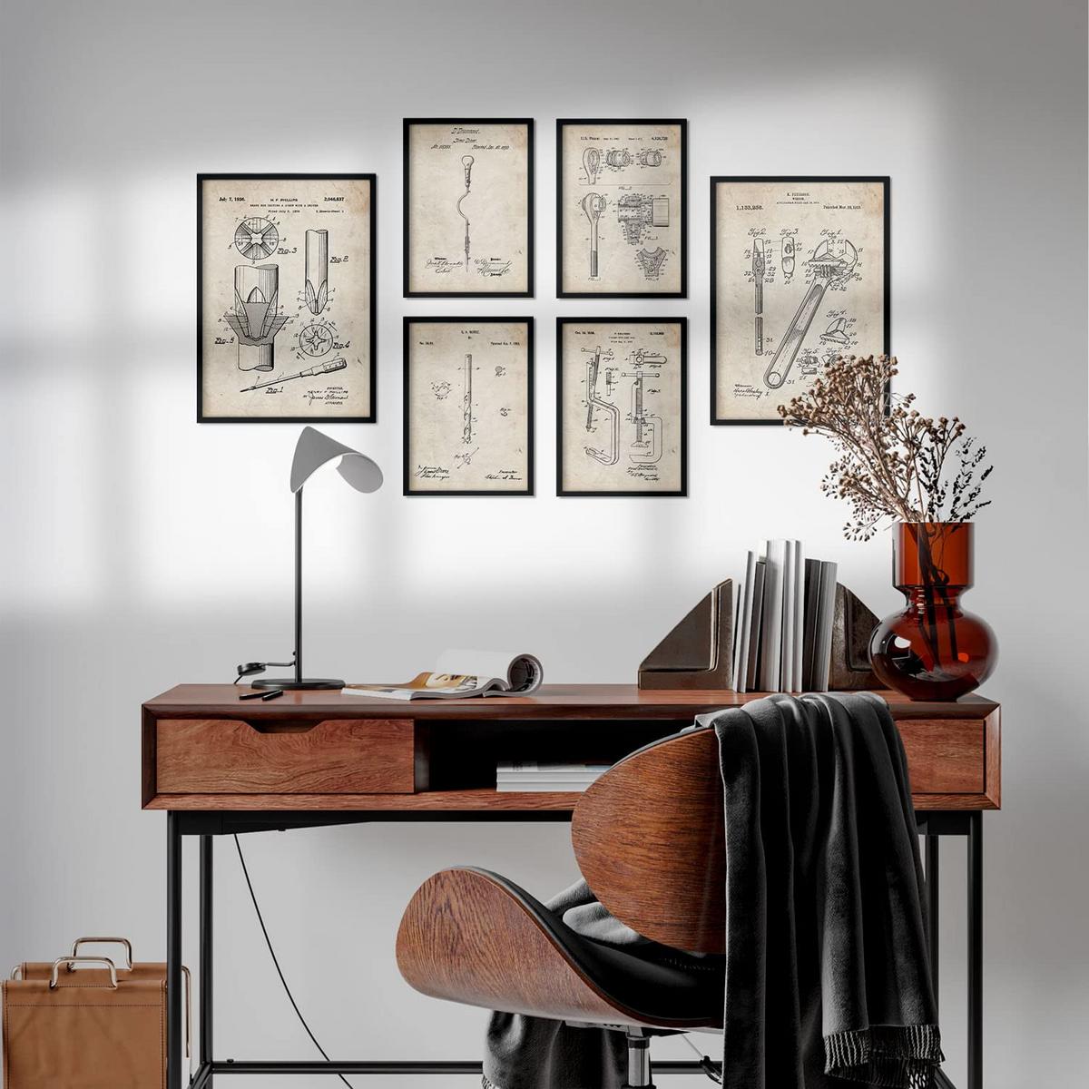 POSTER Set Mit 6 Plakaten Mit Bauwerkzeuge 1 Patenten Im Vintage Stil A3 & A4 Weißer Rahmen - Weiß, Papier (29/3cm) - Nacnic
