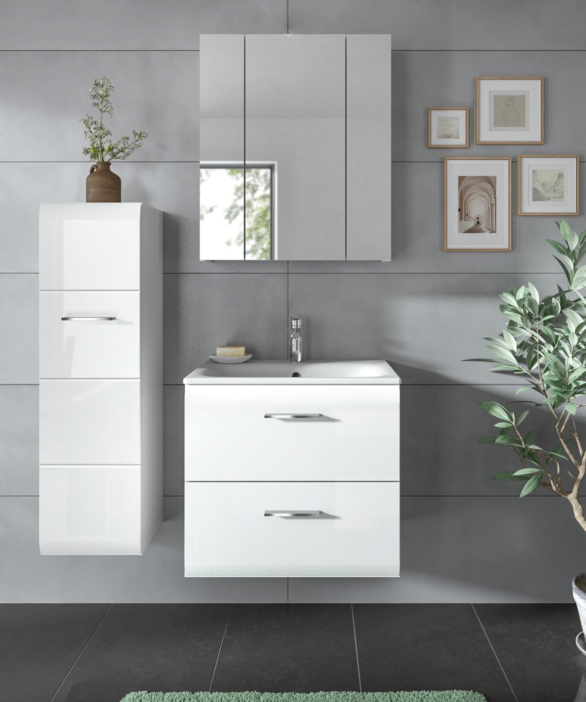 BADMÖBEL-SET weiß Hochglanz 3-teilig 105 cm, Komplettset inklusive Waschbecken - Weiß Hochglanz/Silberfarben, Glas/Holzwerkstoff (105/185/46cm) - Inn.Furn
