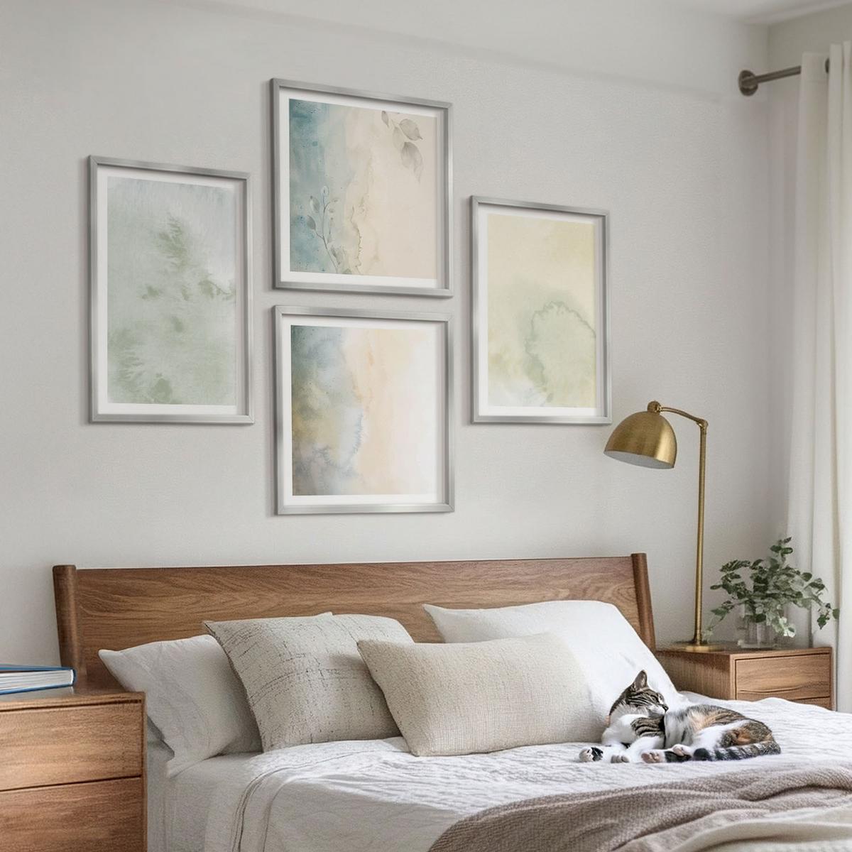 BILDER SET 4er Set - 50x50 cm & 40x60 cm Silberner Rahmen - Pastellfarbene Aquarell-Leinwandtextur - Silberfarben, Kunststoff (50/50cm) - TULUP